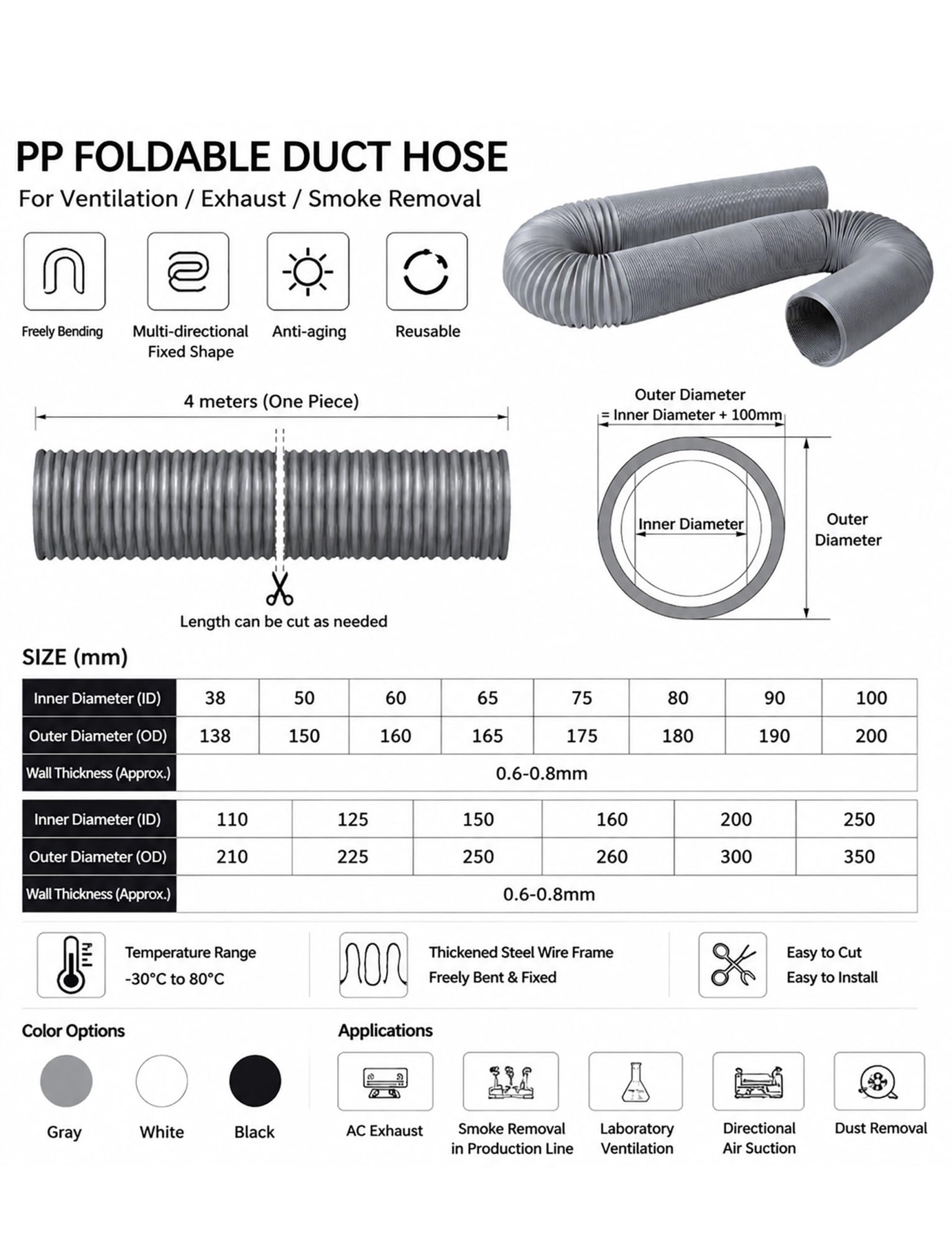 Tubo flexible plegable de PP – Conducto retráctil de ventilación y extracción con alambre de acero, 25–250 mm, para humo y polvo, ventilación industrial y talleres(Milk,ID 80mmx400cm)