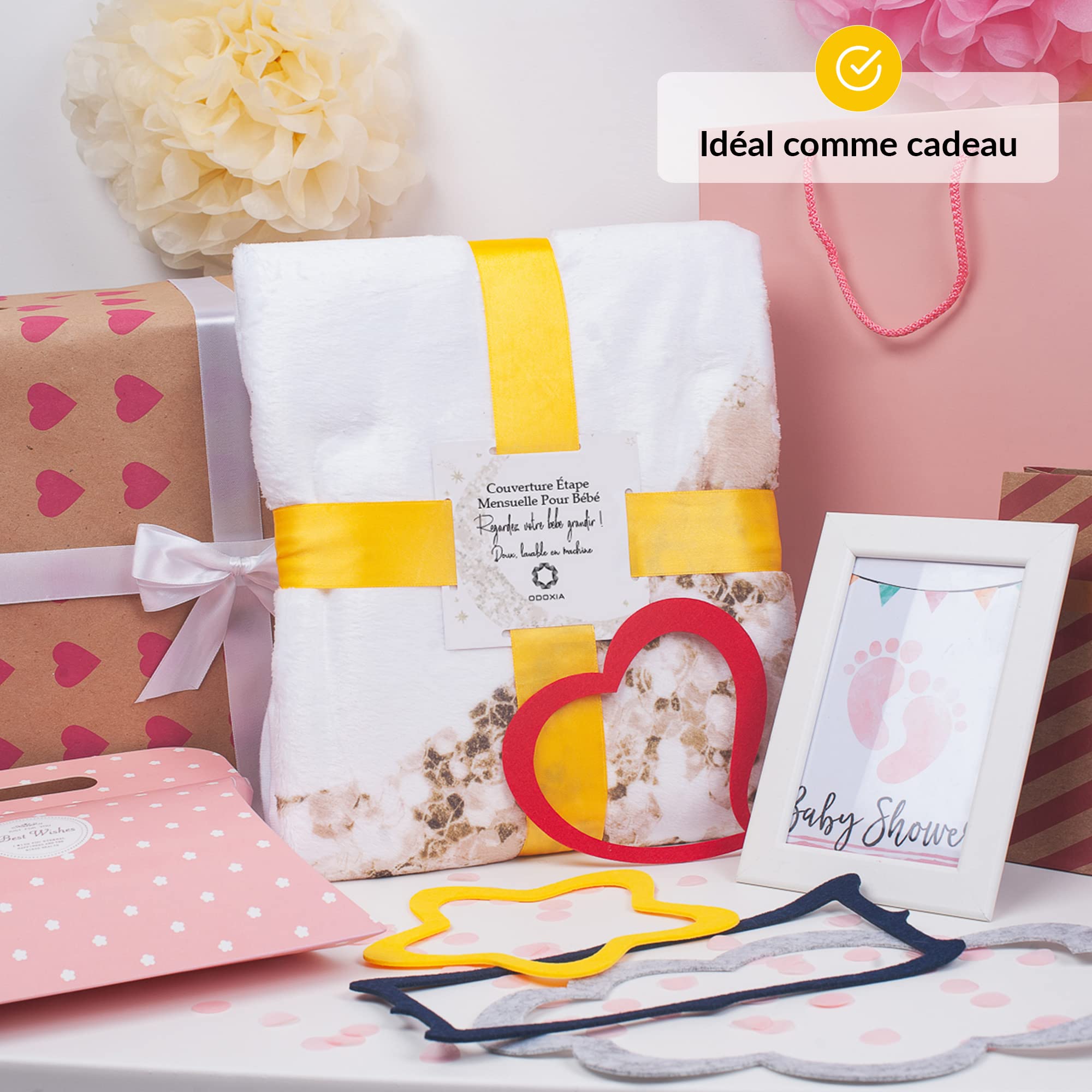 ODOXIA Couverture Etape Bébé en Français | Tapis Mois Bebe Garçon Ou Fille, Unisexe | Lune, Étoiles | Cadeau Baby-Shower Personnalisé Jeunes Mamans | Tapis Photo Bebe | Doux, Confortable