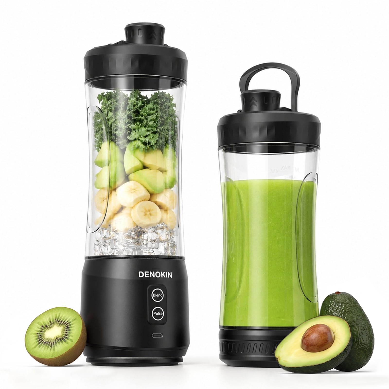 DENOKIN Mélangeur portable sans fil, 590 g, mélangeur personnel pour milkshakes et smoothies avec couvercle On Go et couvercle à siroter, petit mélangeur pour cuisine, maison, voyage