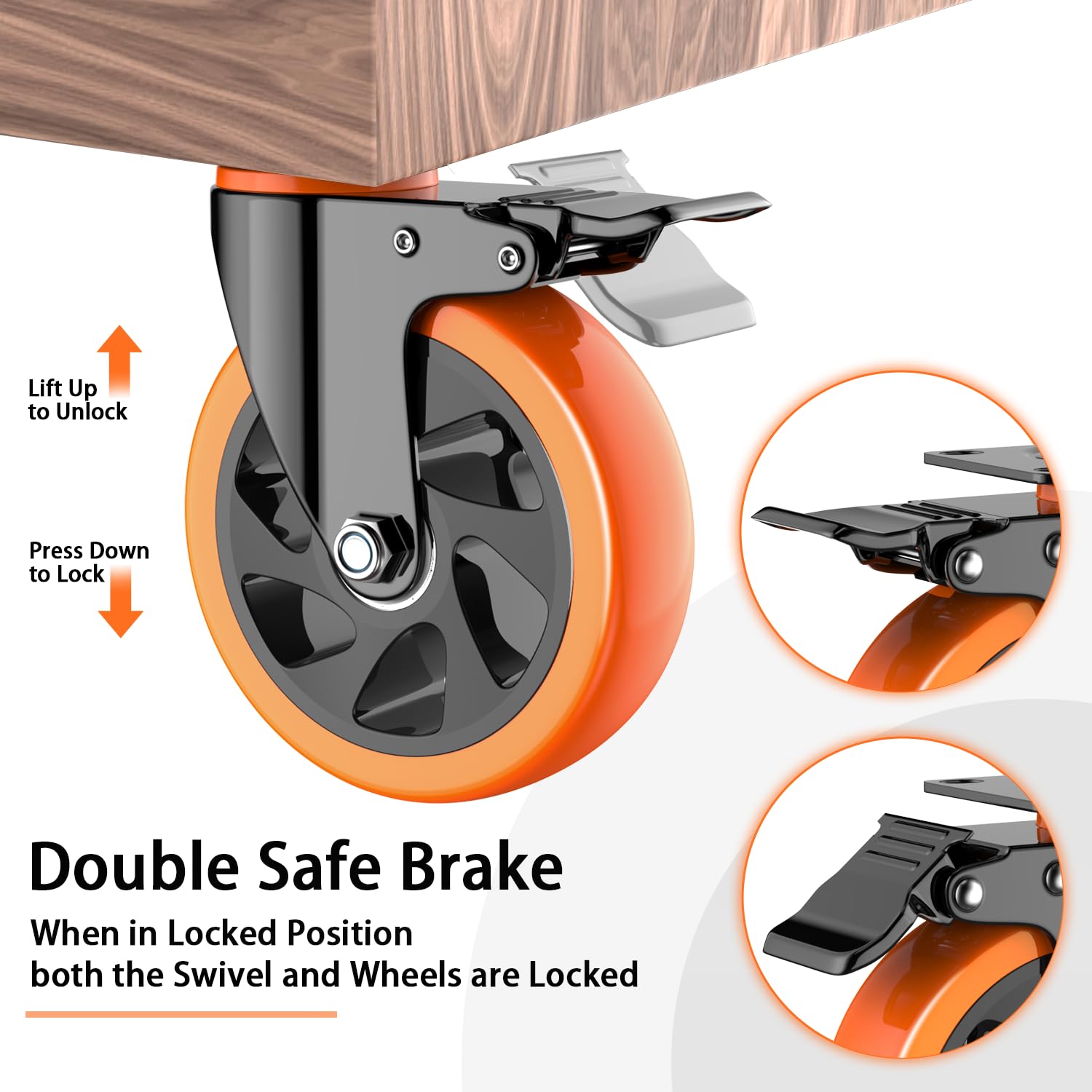 5 inch Casters Wheels, Heavy Duty Casters Set of 4 Load 2400lbs with Brake, Locking Swivel Plate Caster, Industrial Castor Wheels for Carts,Furniture and Workbench(Free Screws and Spanner)