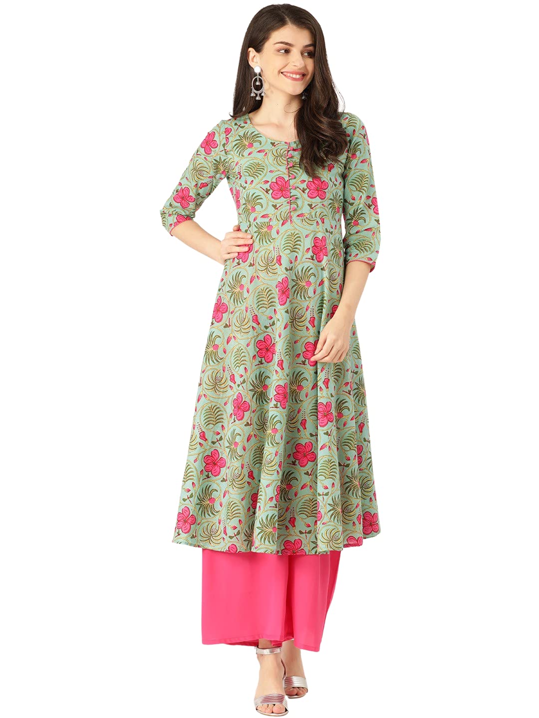Jack & Jones Women Cotton Green Floral Printed Flared Kurta in green