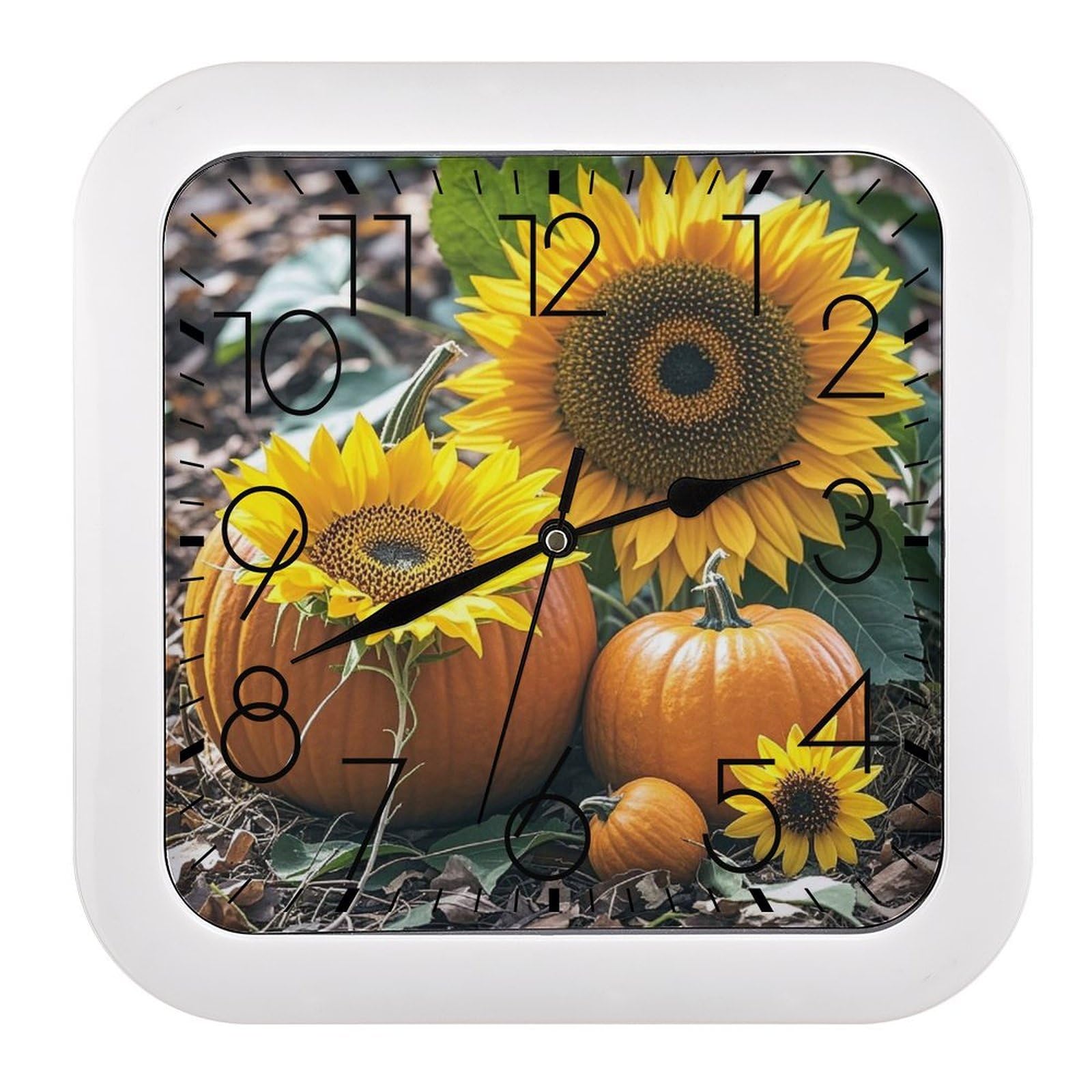 LZQPOEAS Pumpkins and Flowers Wall Clock Fashionable Versatile Silent Wall Clock Simple Elegant Non Ticking Analog Clocks Easy to Install Square Modern Clocks for Home Decoration