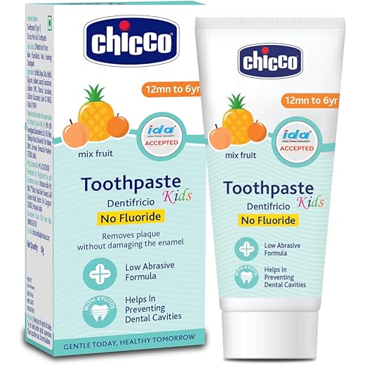 Chicco Toothpaste for Kids Best for Baby (1y-6y), Mix Fruit Flavour, 50g | Fluoride-Free & Low Abrasive | Removes Plaque, Helps Prevent Cavities | IDA Accepted