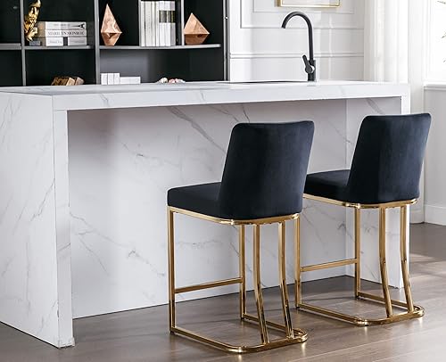 Miniatura 14 de VESCASA Taburetes de bar de 24 pulgadas de alto con respaldo, modernos de mediados de siglo tapizados de piel sintética con marco de metal dorado