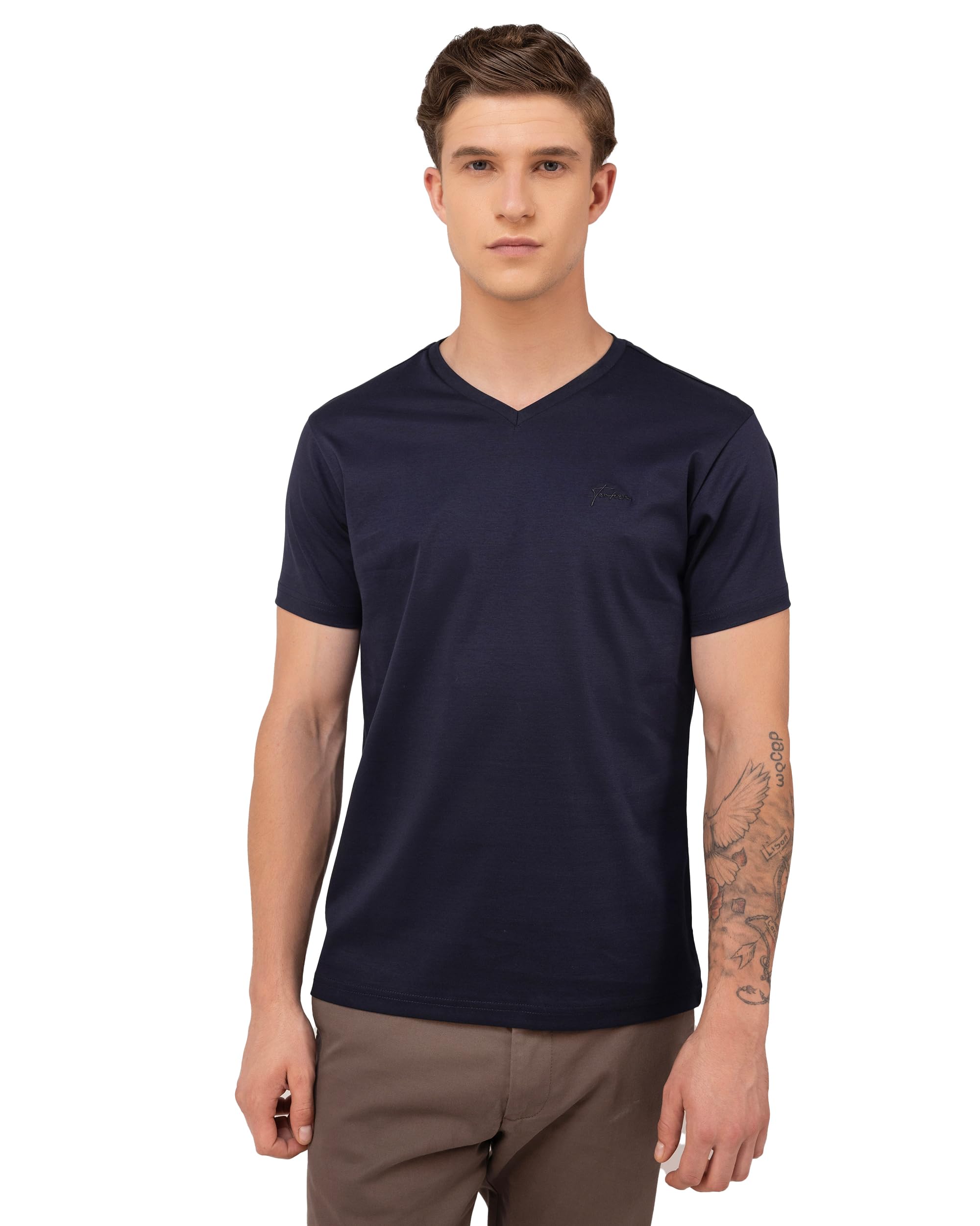 Luxury Men's Mercerised Cotton Interlock Navy V Neck Tshirt-image-32