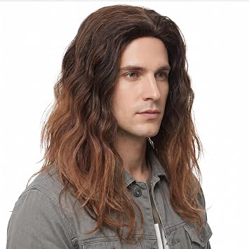 Mens Brown Wig Long Wavy Mixed Brown Male Wig