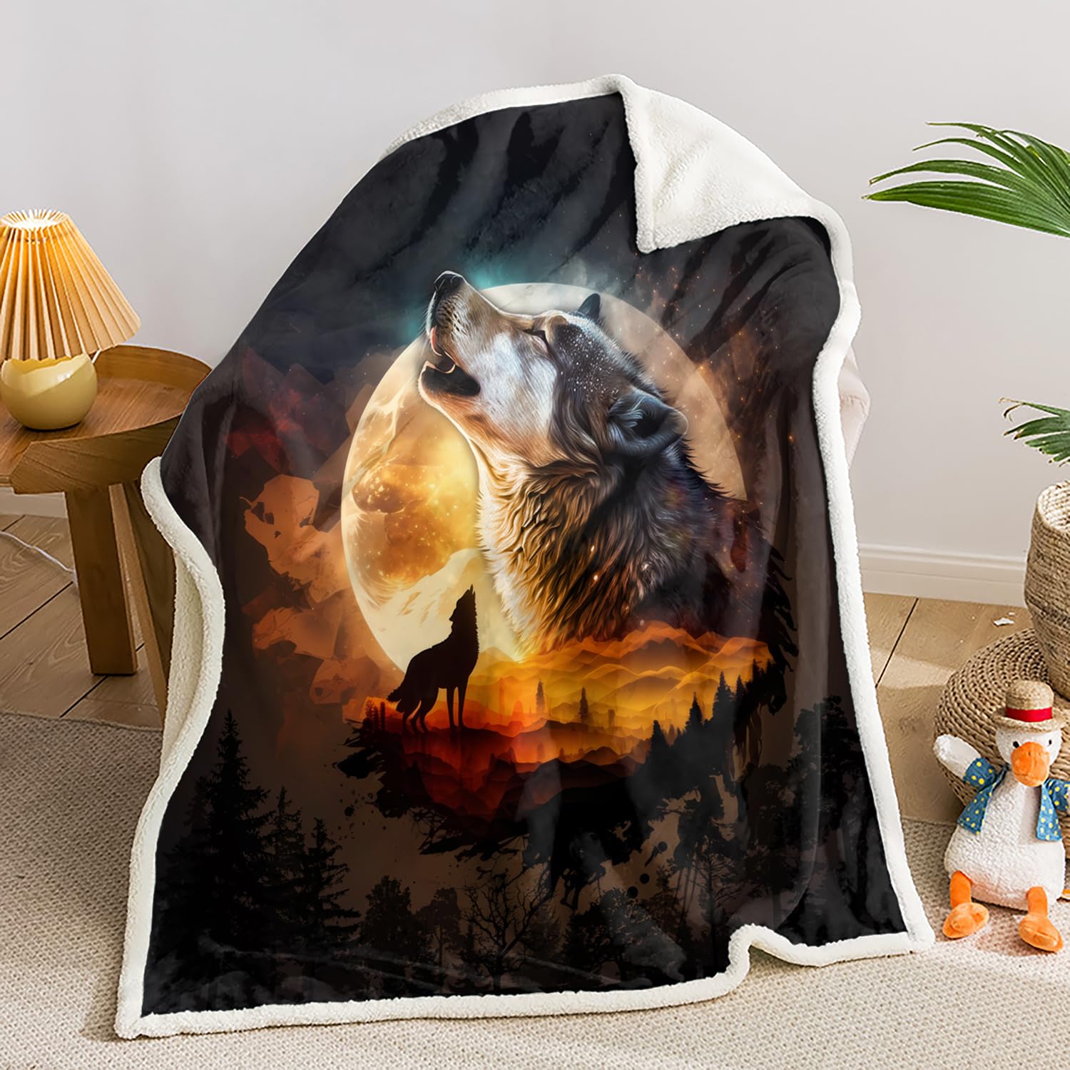 AILONEN Howling Wolf Fleece Sherpa Blanket 70 x 55 Inches Night Moon Fleece Blanket for Kids Boys Teens,Night Forest Wolf Sherpa Blanket,Wild Animals Bed Sofa Blanket
