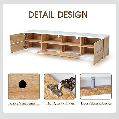 Miniatura 2 de Linique Moderno soporte de TV con 5 puertas de gabinete y estante de almacenamiento abierto, mesa de consola multimedia de madera maciza, centro de
