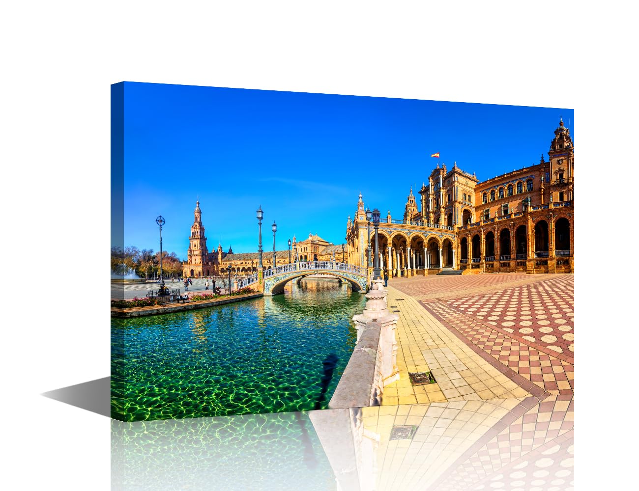 Plaza Espana Poster Print on Canvas Seville (Sevilla) Wall Decor Andalusia Southern Spain Wall Art 1 Panel Pictures for Bedroom Stretched and Framed Ready to Hang (16''Wx 24''H)