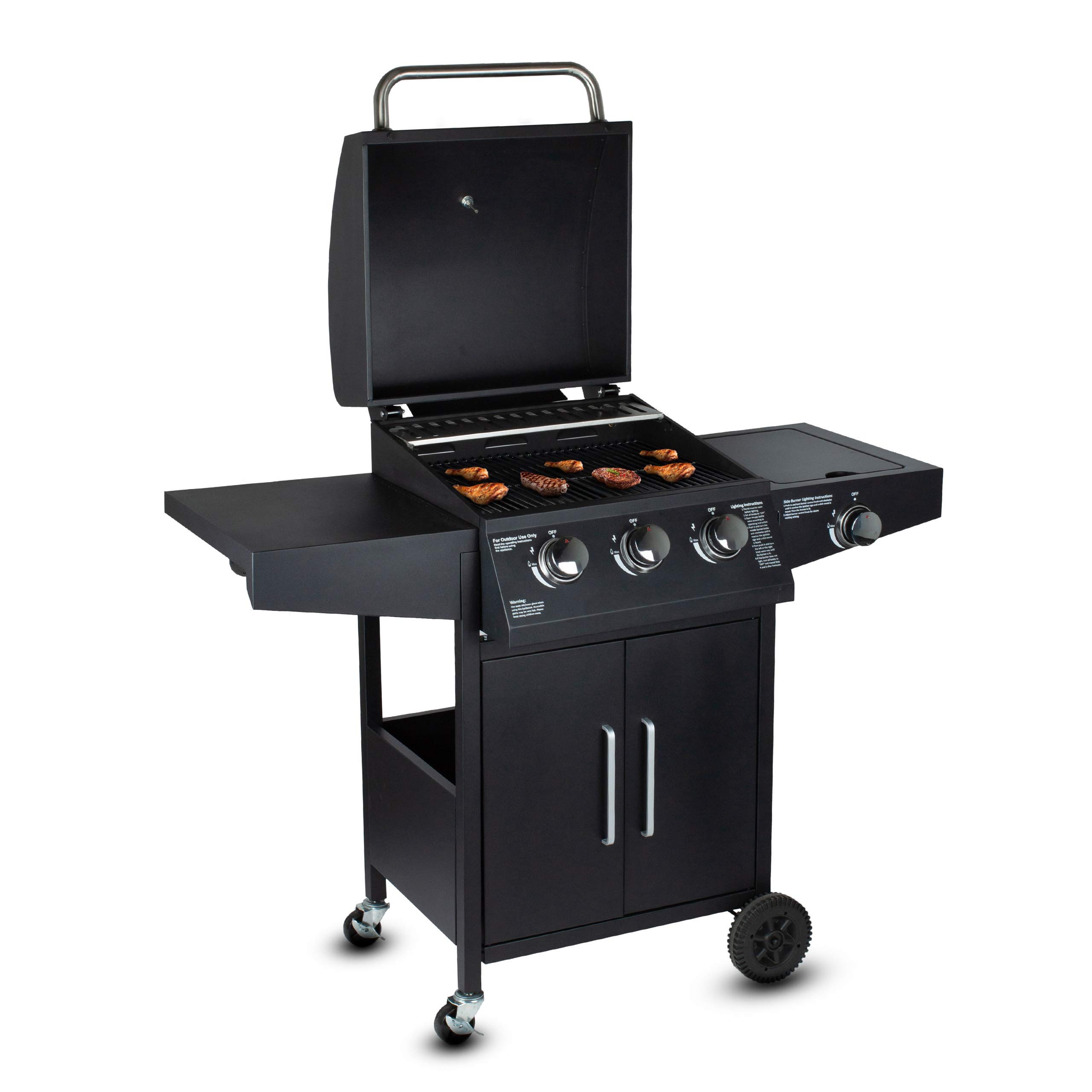 GrillMaster Grill Gazowy PartyTogether 3+1 + Pokrowiec, Ogrodowy, Na Gaz, z Termometrem, z Kółkami, z Dodatkowym Palnikiem