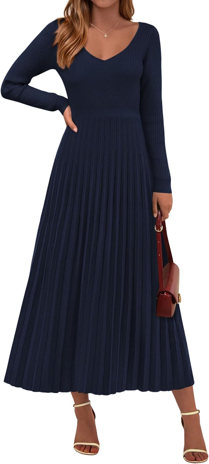 PRETTYGARDEN Women Sweater Dress Fall Fashion 2026 Long Sleeve V Neck Ribbed Knit Pleated A Line Elegant Maxi Winter Dresses
