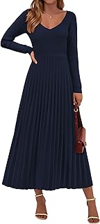 Women Sweater Dress Fall Fashion 2025 Long Sleeve V Neck Ribbed Knit Pleated A Line Elegant Maxi Winter Dresses