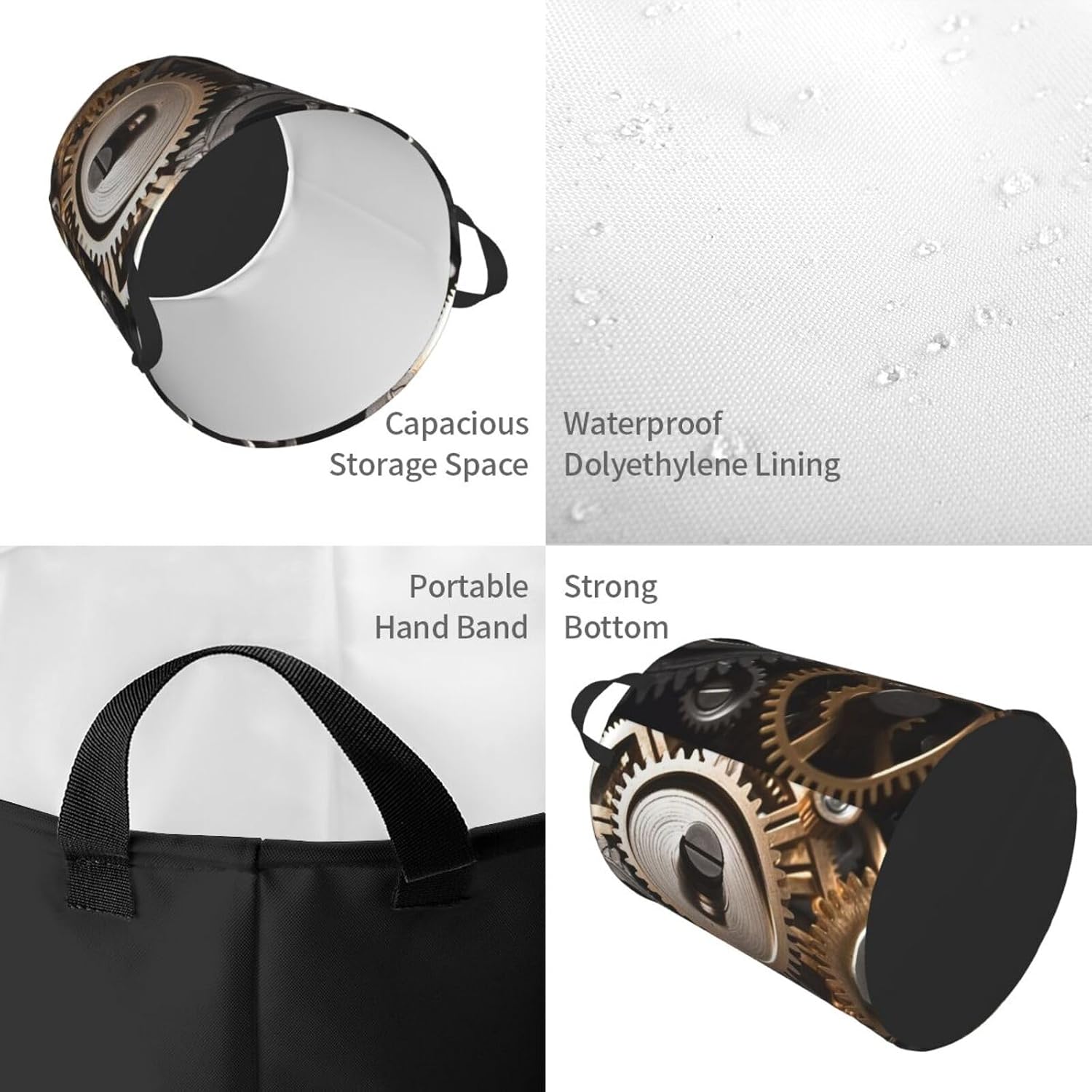 Mechanical Gears print Circular Hamper Waterproof Storage Bin Organizer Basket Laundry Hamper With Handles For Clothes Toys Small