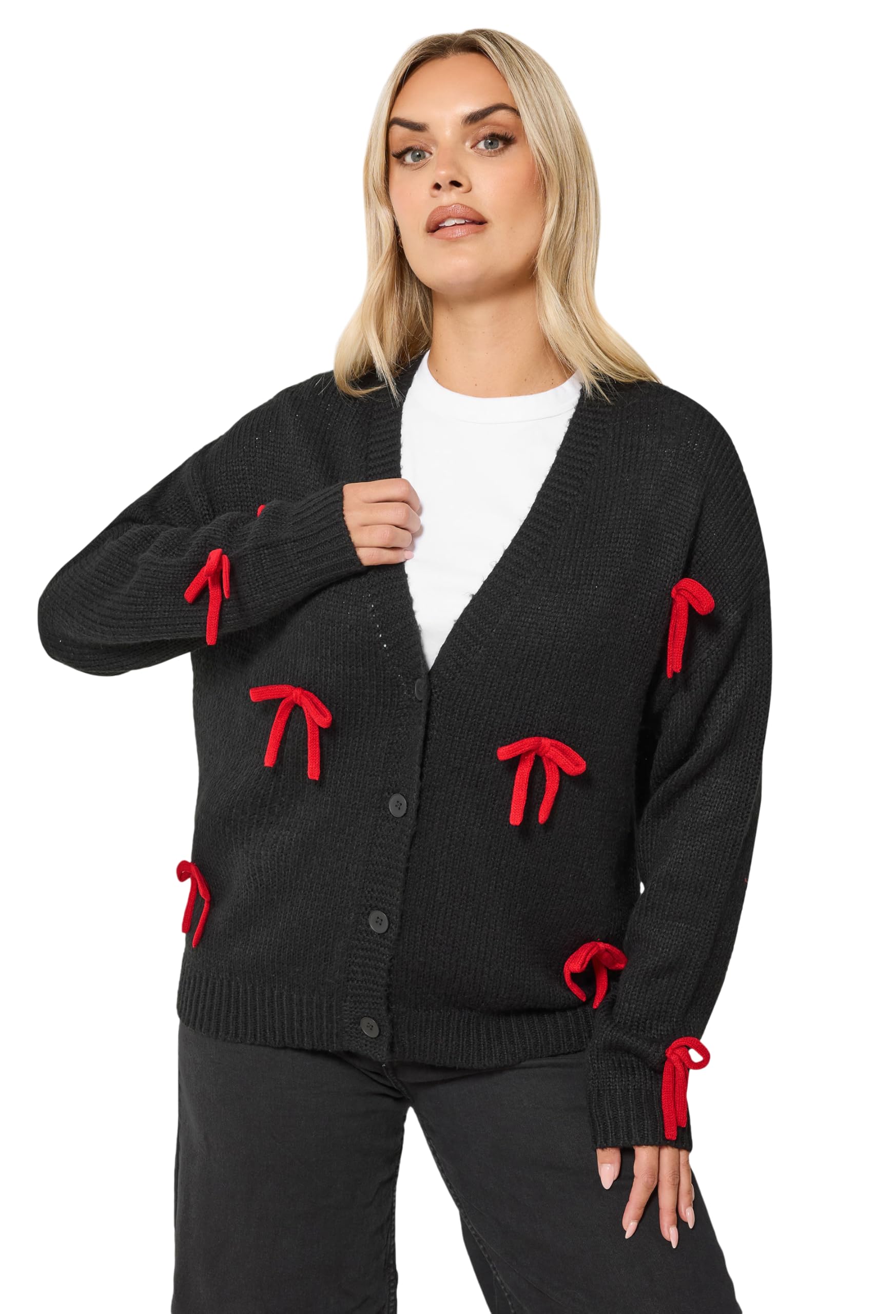 Yours Women's Black Curve Bow Detail Knitted Cardigan - Plus Size Curve