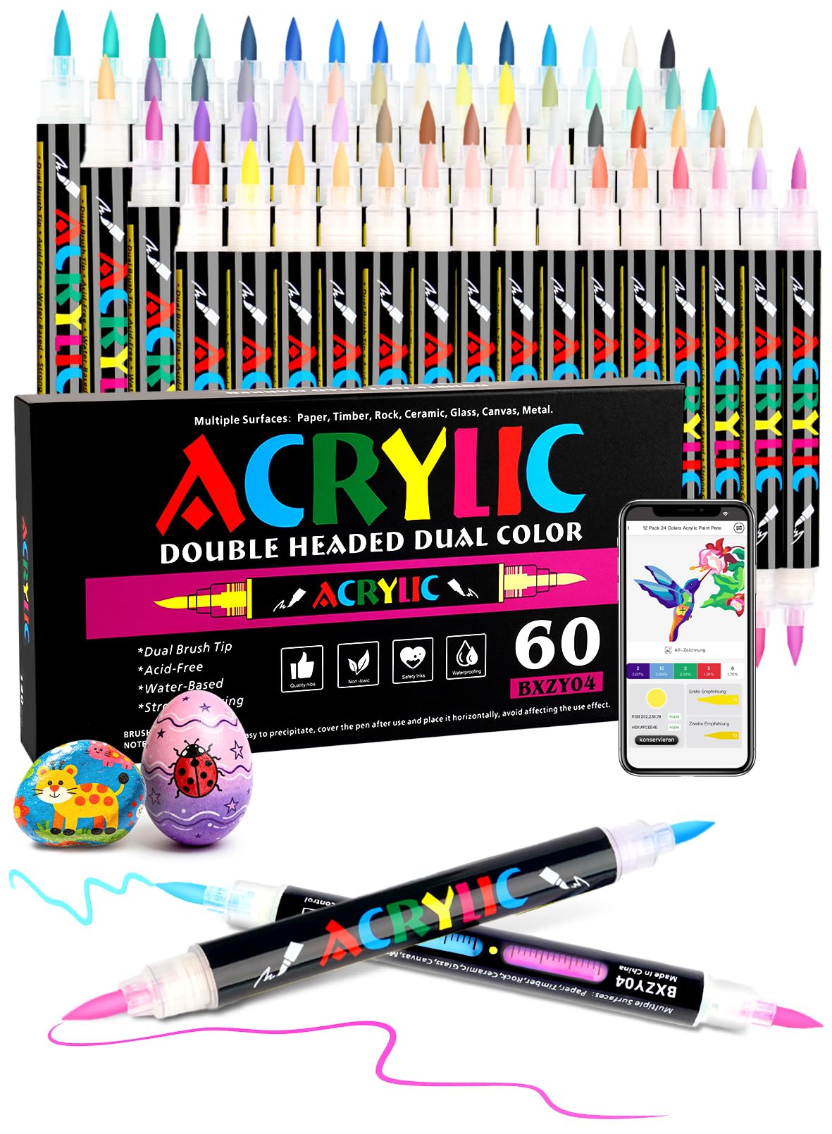 AEDAGA 60 Acrylstifte mit App, 120 Farben Doppelspitze Acrylic Marker Set | Automatische Tintensteuerung | Vielseitig einsetzbar | Farbcode | Starke Deckkraft | Acrylmarker für Leinwand, Glas, Keramik