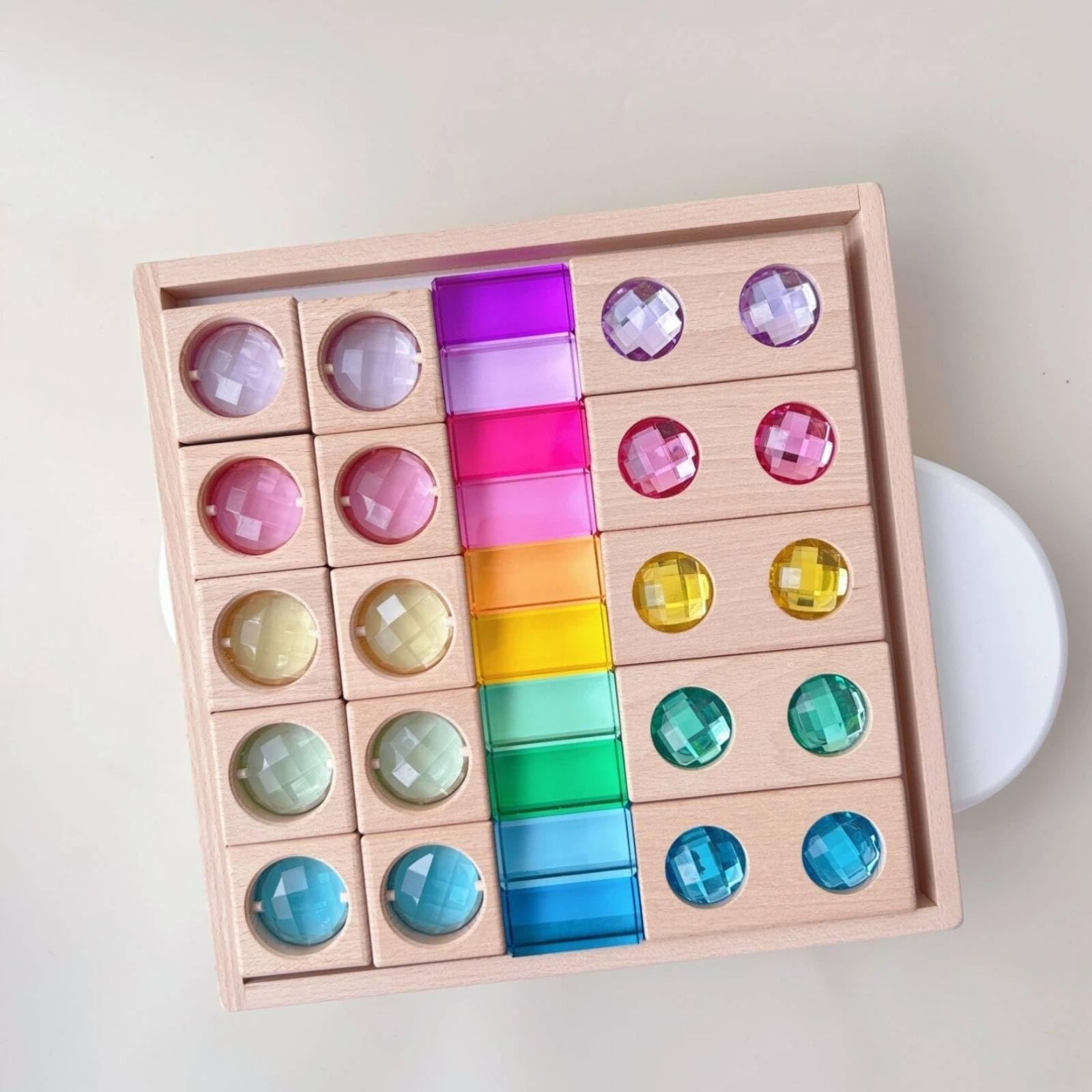 Sinnes-Stapelspiel transparent pädagogisch-Steckspiel farbig Regenbogen-Stapelspielzeug, Regenbogen-Edelsteine Und Holzblöcke Set 3