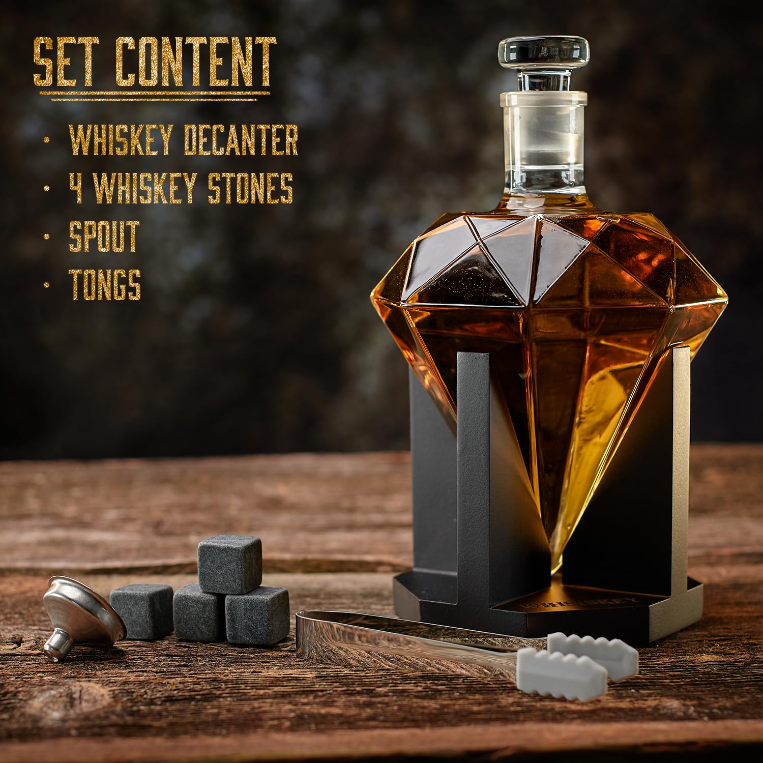 WHISISKEY, Whiskey Decanter Set, 700ML Diamond Carafe, Whiskey Gift Sets for Men, Whisky Set, Glass Gifts for Men - Image 2