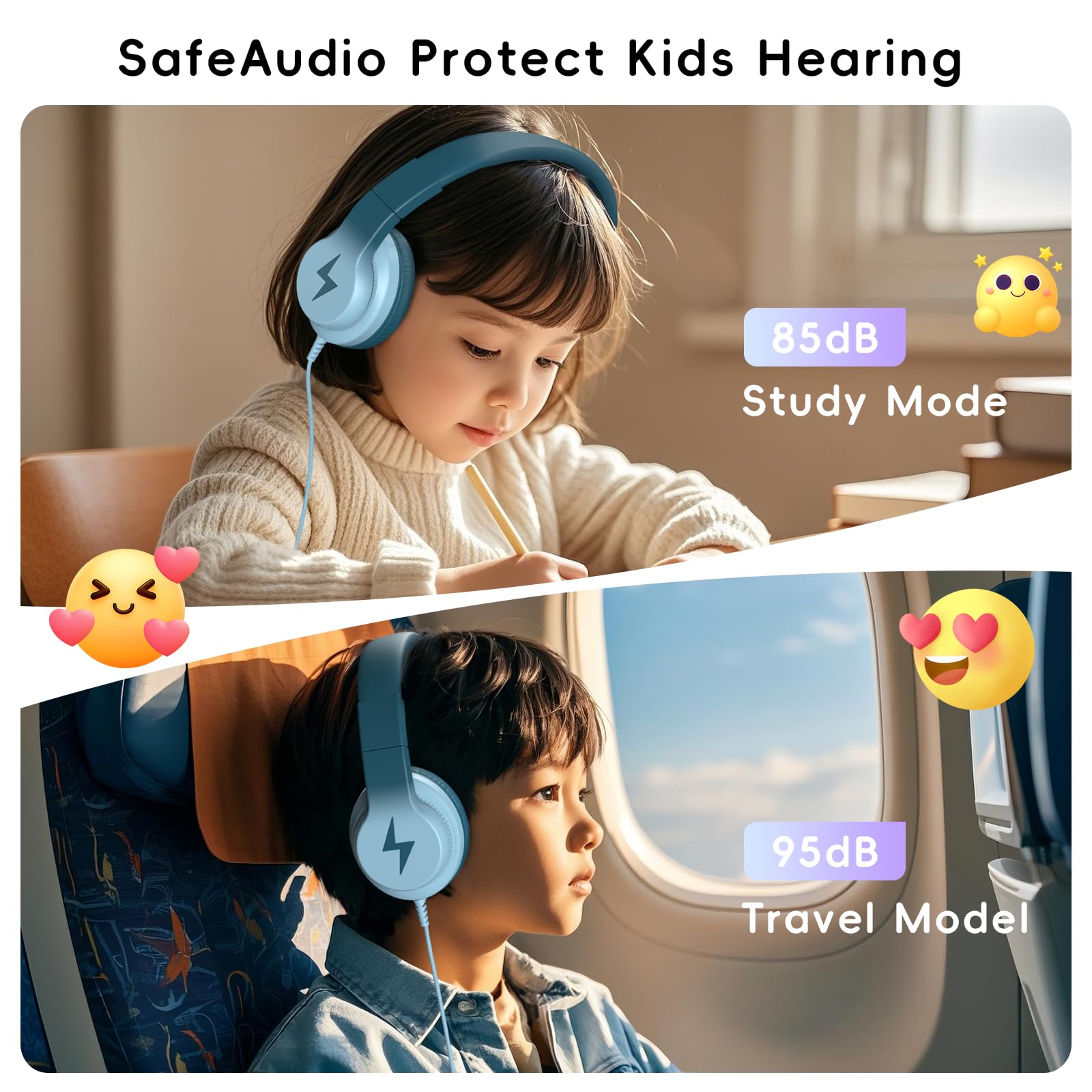 Candy Bila Auriculares para niños, auriculares con cable para niños sobre la oreja con micrófono, limitador de volumen de 85/94 dB para niñas y niños, auriculares plegables para aprendizaje y