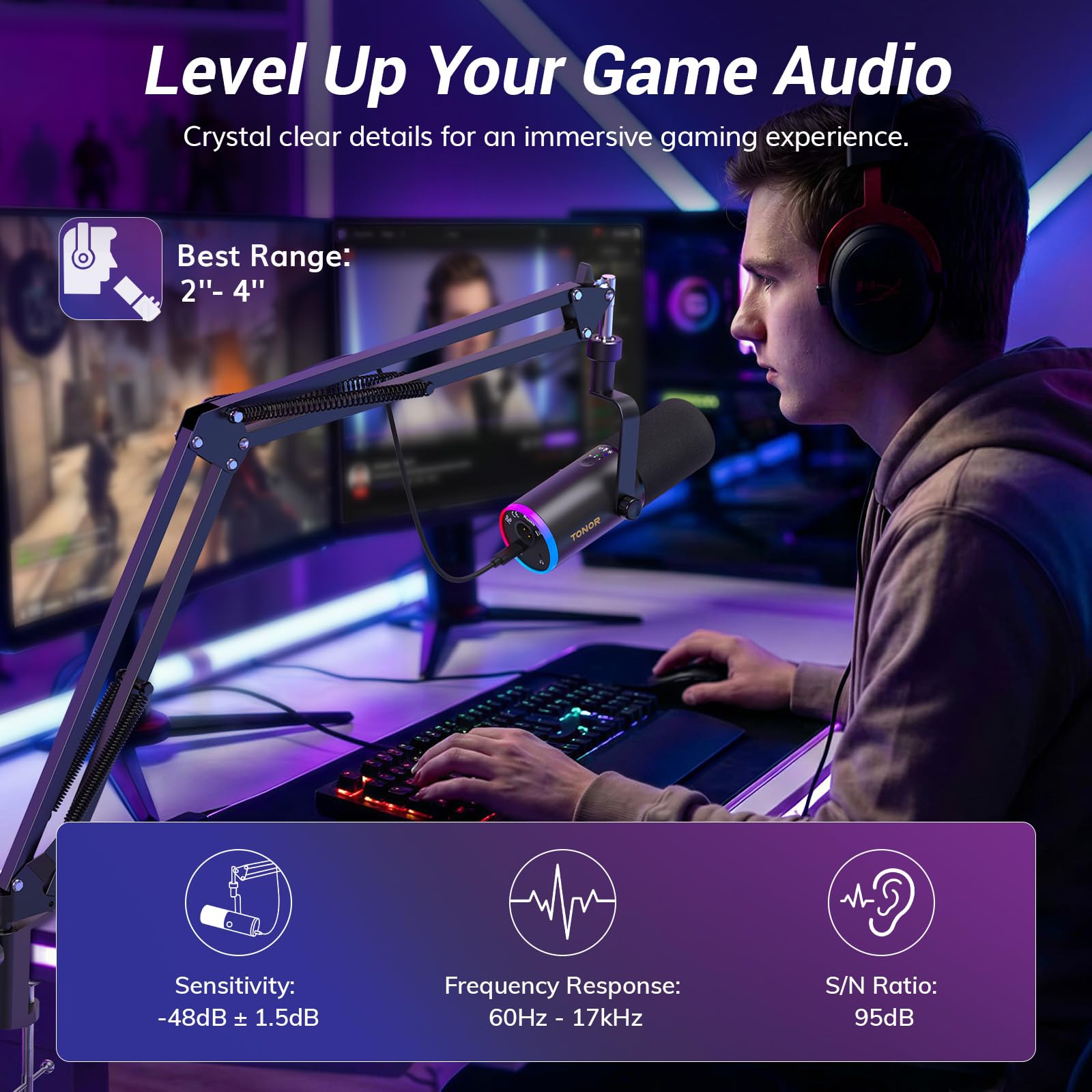 TONOR Dynamiczny mikrofon do gier, mikrofon XLR/USB do streamingu, redukcja szumów AI, sterowane RGB, Tap-Mute, gniazdo słuchawkowe 3,5 mm, mikrofon z ramieniem wysięgnikowym, czarny, TD510 AIR S+H