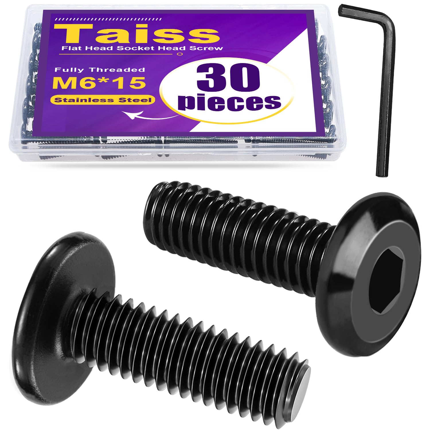 Taiss 30pcs M6 x 15mm Flat Head Socket Head Screw Furniture Bolts,Furniture Screws Stainless Steel 18-8(304),M6 Bolts Black Zinc Plated Fully Threaded