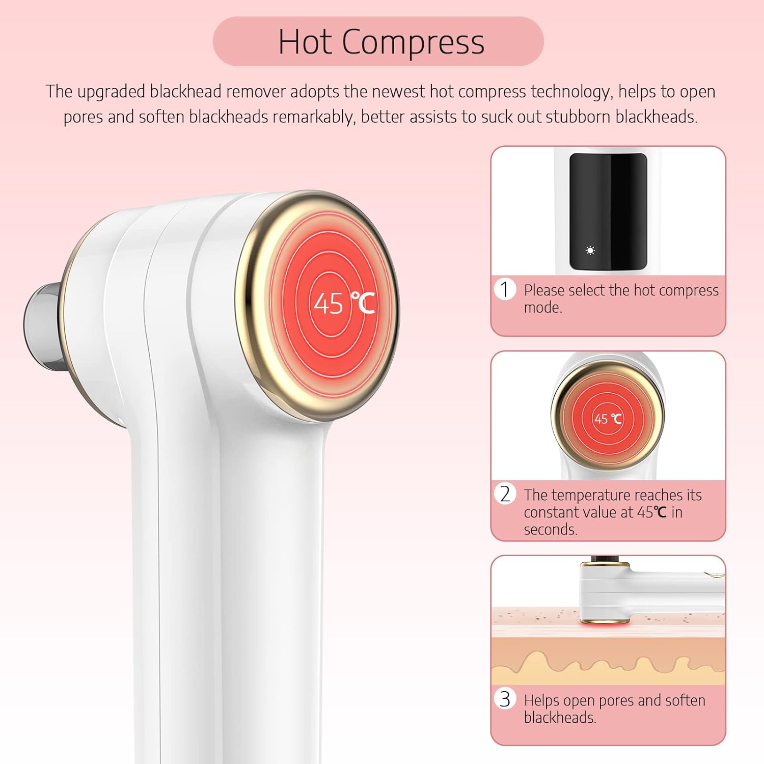 Blackhead Remover Pore Vacuum, Facial Pore Cleaner, Black Head Remover Suctioner with 3 Modes & 5 Probes, USB Rechargeable Blackhead Vacuum Pore Cleaner with Hot Compress Function (White) : Beauty & Personal Care