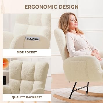 LUCKLIFE Rocking Chair Nursery,Teddy Upholstered Glider with Side Pockets