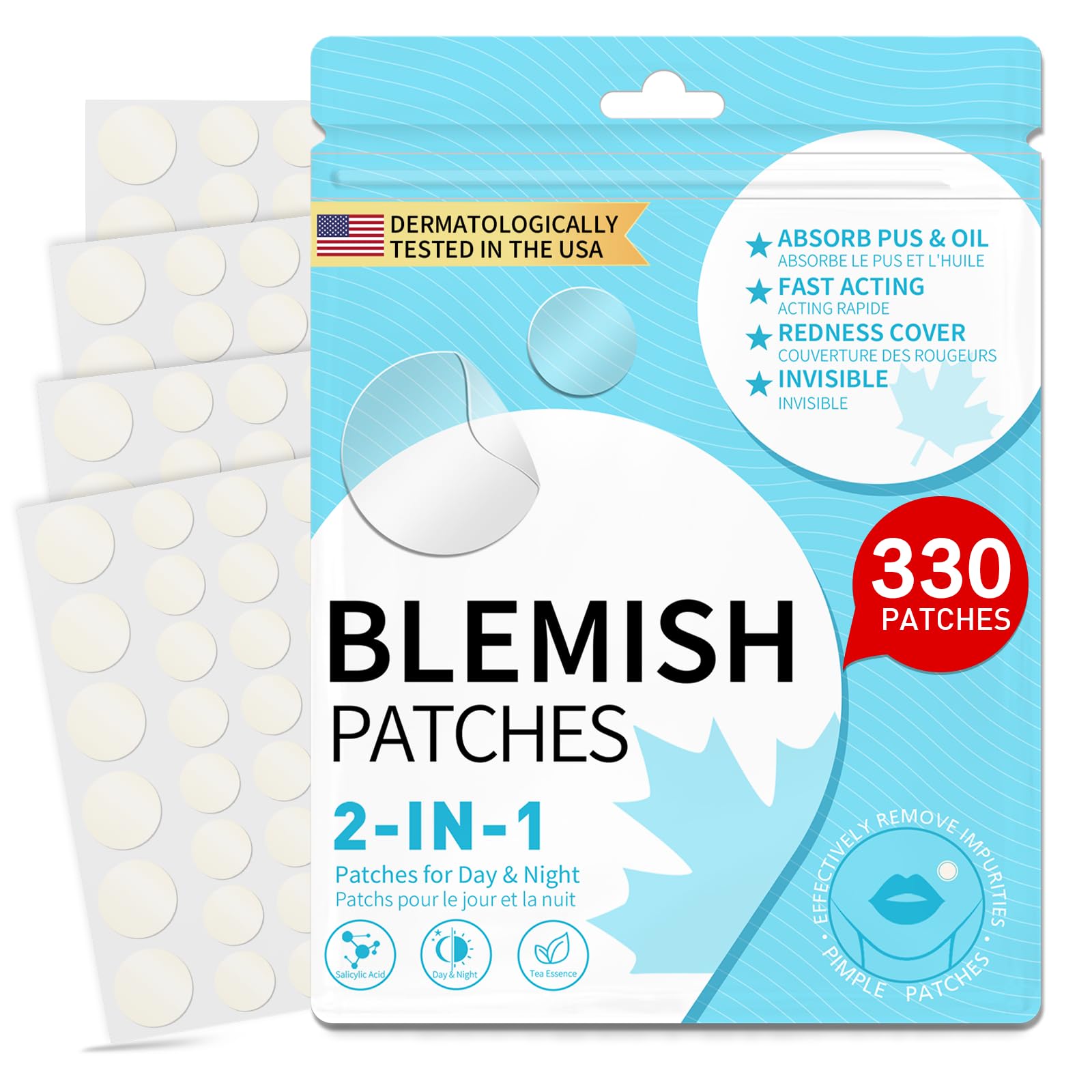 Blemish Patch Pimple Patches Ultra Thin Hydrocolloid Patch Invisible With Salicylic Acid and Tea Tree Skin Care Day and Night 2-in-1 (Round-330pcs)