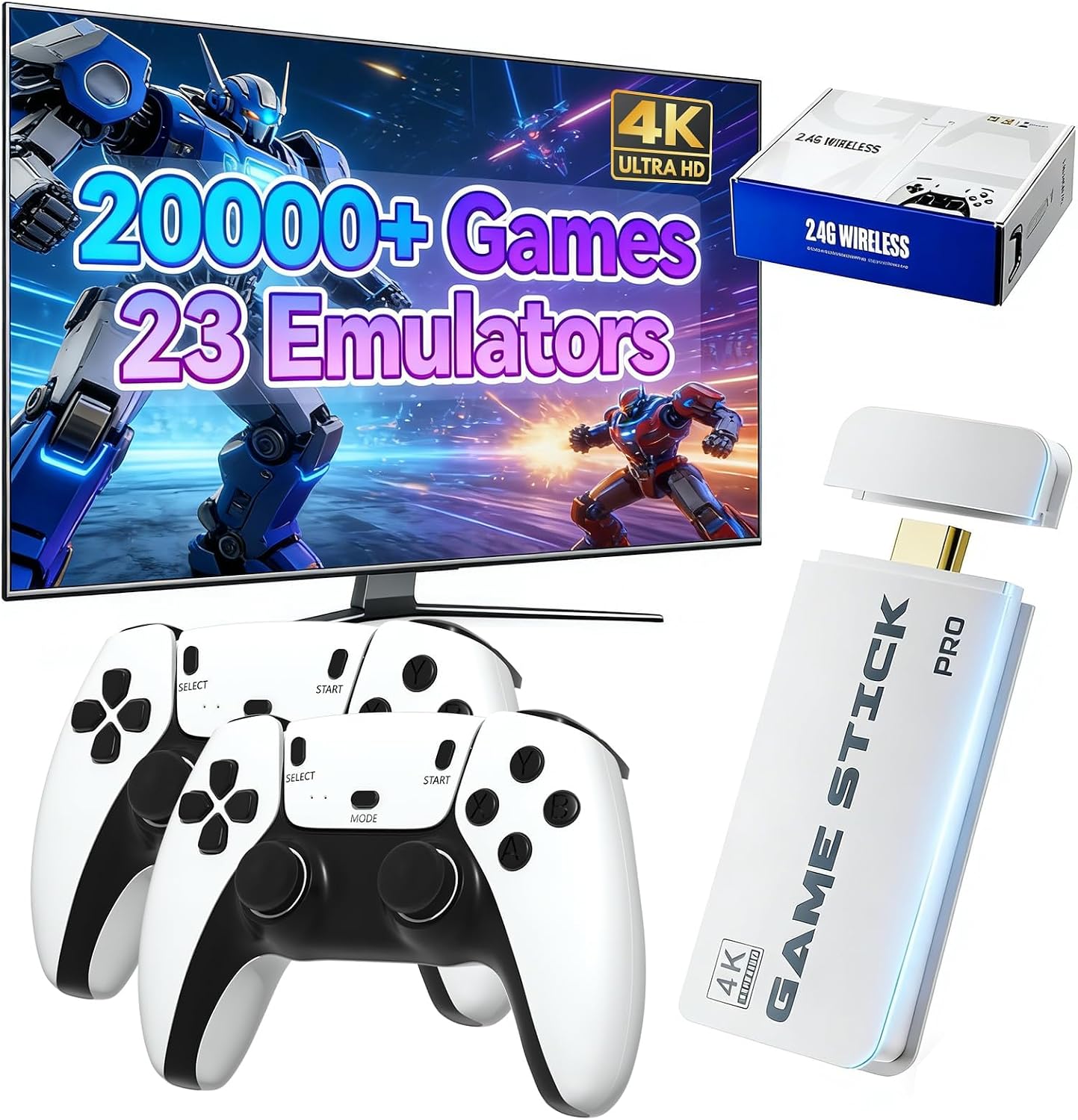 Wireless Retro Game Console, Gaming Stick with 20,000+ Classic Games, 4K HDMI Output, 23 Emulators, 2.4GHz Wireless Controller, Plug & Play Video Games for TV (Pure White)