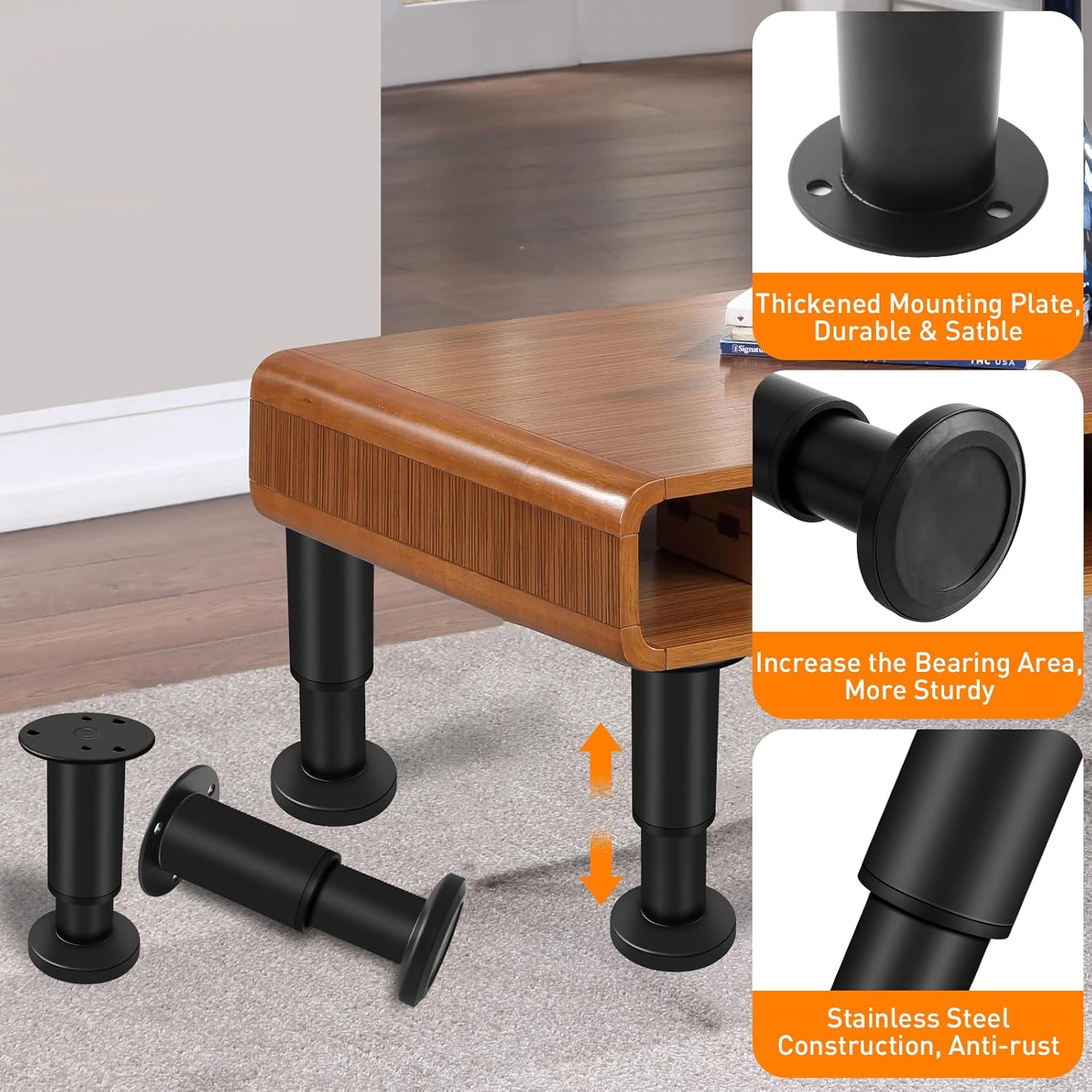 4 Pcs Adjustable Height Furniture Support Legs 10-17 inch [with Screws], Metal Adjustable Bed/Sofa/Cabinet/Couch/Dresser/Table Heavy Bed Replacement Legs (Black)