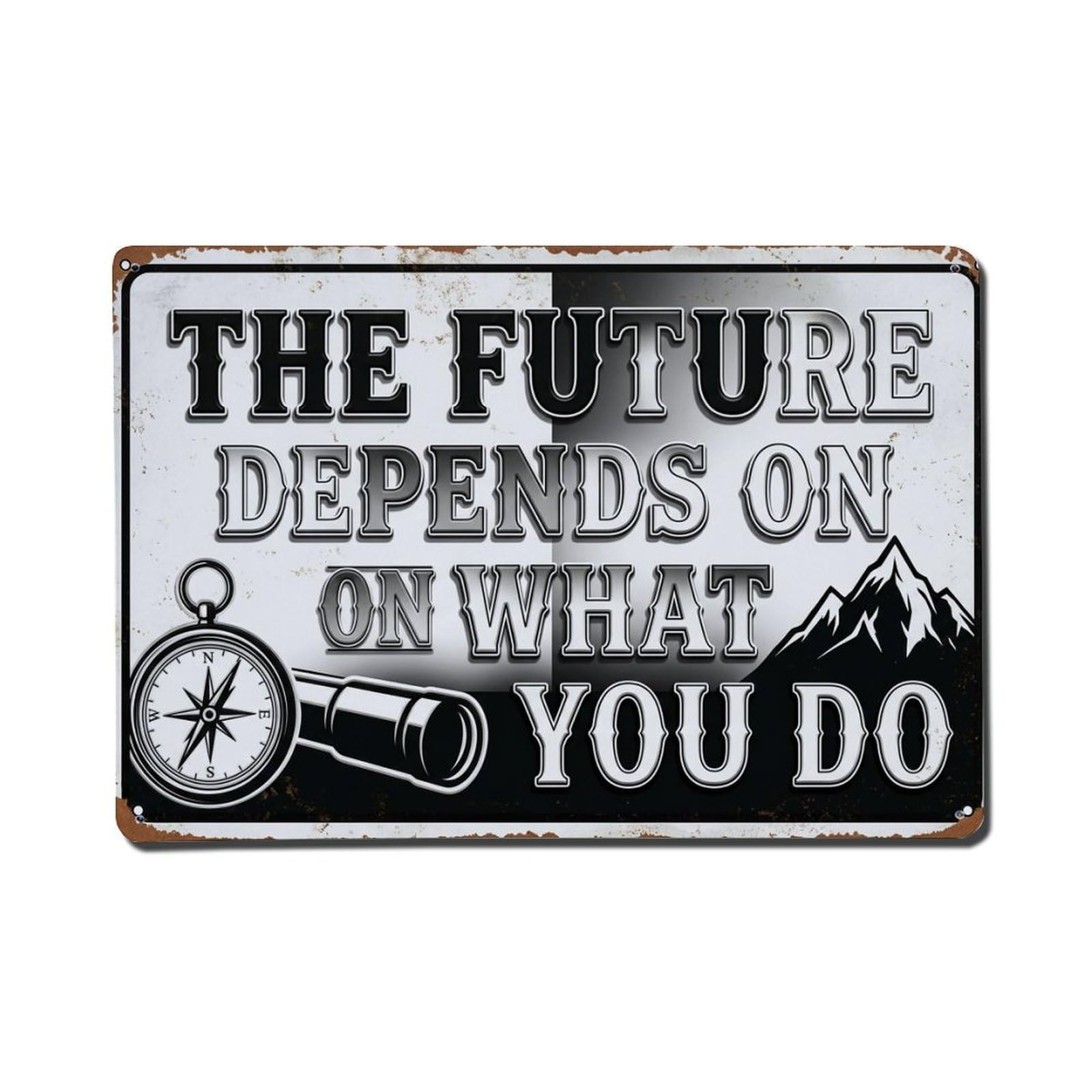 Future Depends Today Workshop Retro Motivational Slogans 2 Metal Tin Sign Plaque Wall Decor for Cafe, Club Bar, Office, Home Garden Metal Poster 8x12Inch