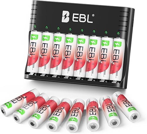 EBL Baterías recargables de litio AA con cargador, 1.5 V, 3000 mWh, 1600 ciclos ideales para cámaras Blink al aire libre (paquete de 16)