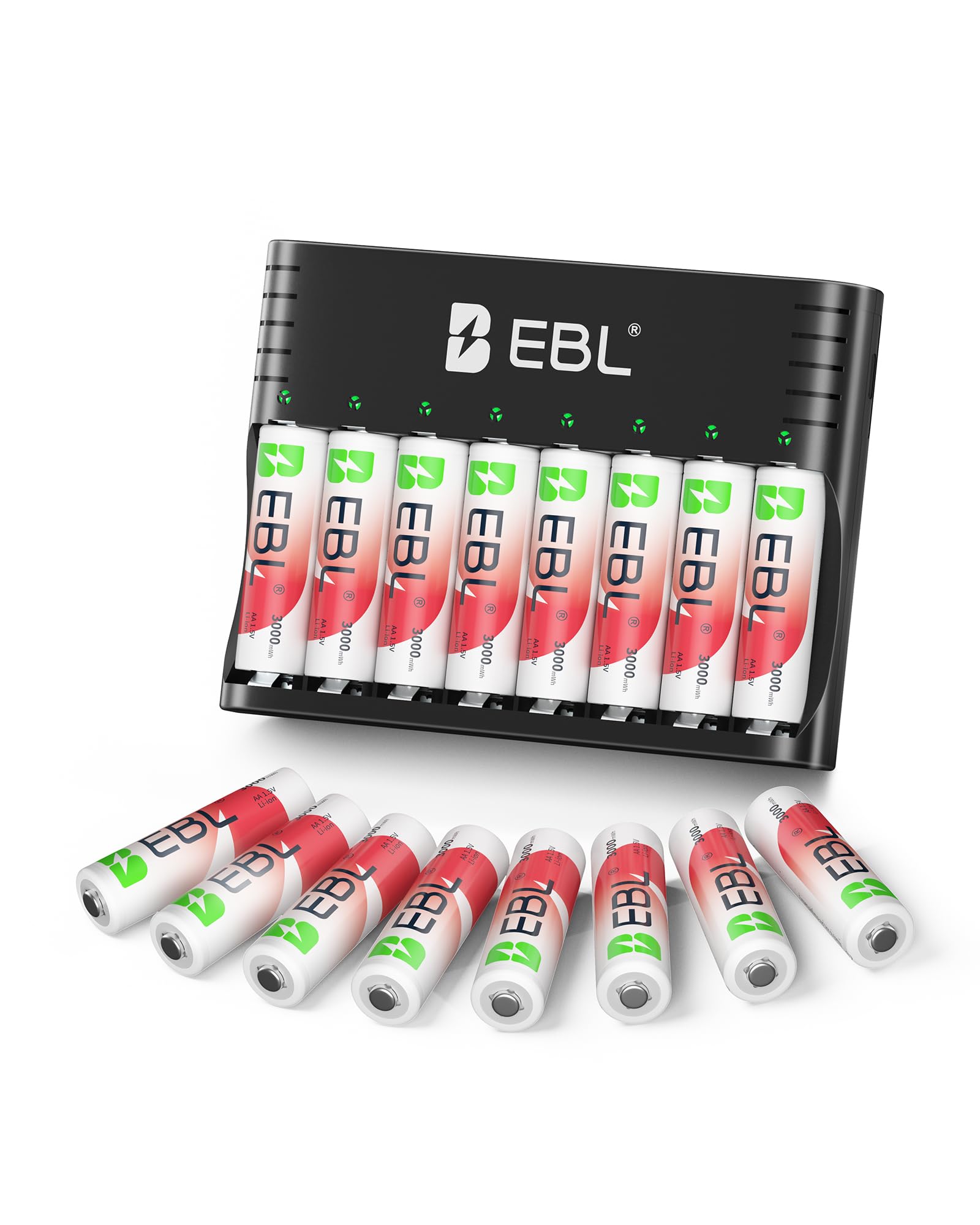 EBL Rechargeable AA Lithium Batteries with Charger, 1.5V 3000mWh 1600-Cycle, Ideal for Blink Outdoor Cameras (16 Pack)