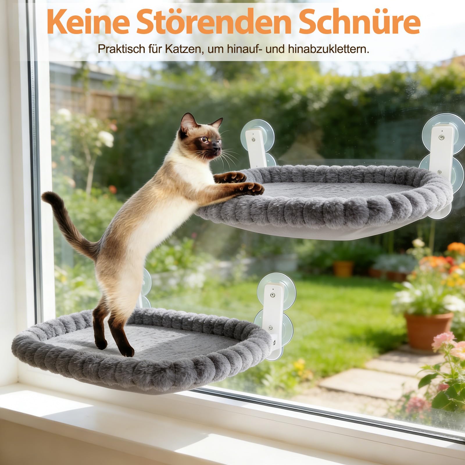 Katzen Fensterliege, Klappbarer Katzenbett Fenster Katzenliege Fensterbank Hängematte mit 4 Saugnäpfen, Abnehmbarem Wendebezug, Weicher Plüsch, Waschbares Bett für große Katzen & Kätzchen (Grau)