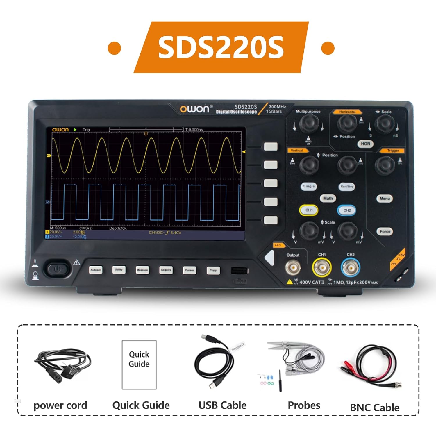 Contents of the OWON SDS220S package including oscilloscope and accessories.