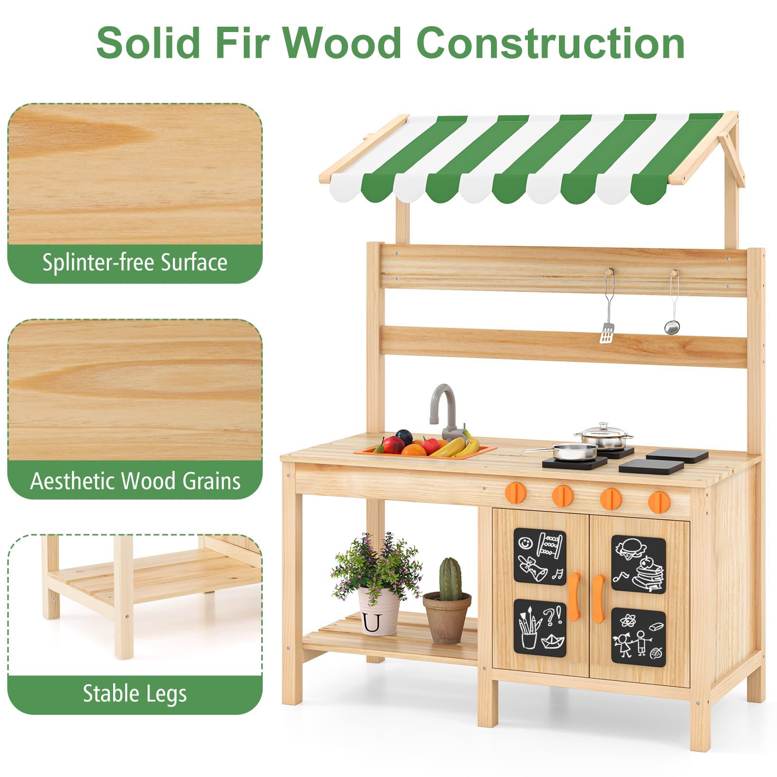 HOMASIS Cucina per Bambini con Tettoia, Cucina Giocattolo in Legno con 4 Fornelli, 2 Ganci, 1 Lavello e 4 Lavagnette, Cucinetta per Bambini da 3+ Anni da Esterno, 88 x 39 x 117 cm