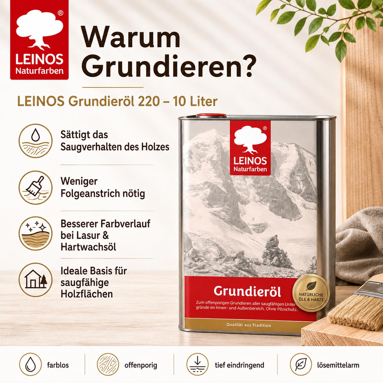 LEINOS 220 Grundieröl für Innen 10 l | farblose Holzgrundierung mit gutem Eindringvermögen | offenporiges Naturöl für saugfähige Holzoberflächen | optimale Basis für Lasuren, Öle & Wachse