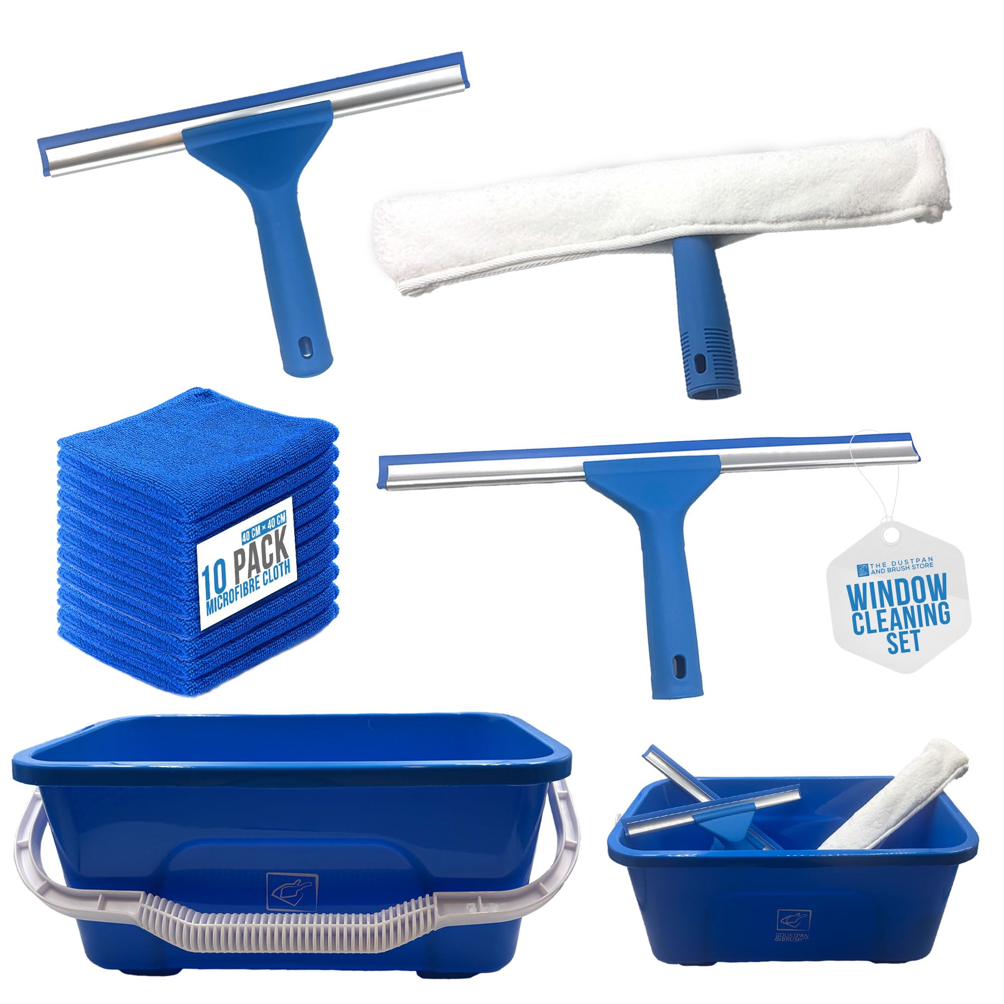 Tdbs The Dustpan And Brush Store Blue Window Cleaning Equipment Bundle - 42Cm Large Window Cleaner Bucket, Microfibre Washer With Handle, Large And Small Window Squeegee With Rubber Lip, Free 10 Microfibre Cloths