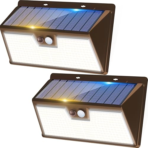 Miniatura 14 de Kolpop Luces solares para exteriores, paquete de 2, 140 LED/3 modos, luces de pared con sensor de movimiento alimentadas por energía solar, Blanco