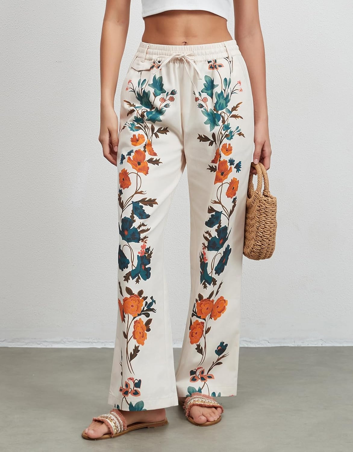 Kedera Women's Drawstring High Waist Floral Prints Trousers Straight Leg Pants Boho Summer Casual Wide Leg Pants - Image 4