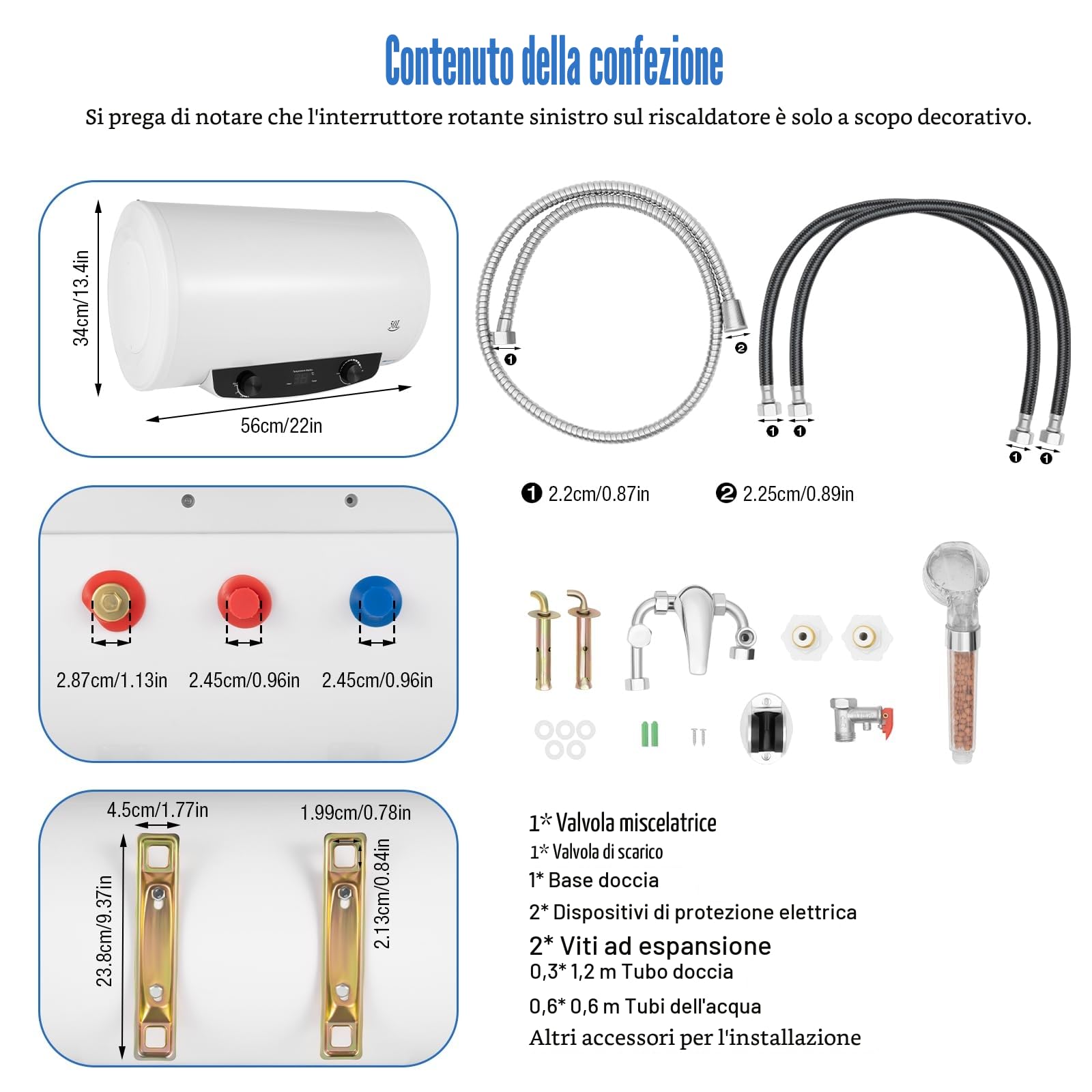Caldaia elettrica orizzontale da 2000 W, scaldabagno a risparmio energetico, valvola di sicurezza, display digitale, scaldabagno con doccetta da 35 l