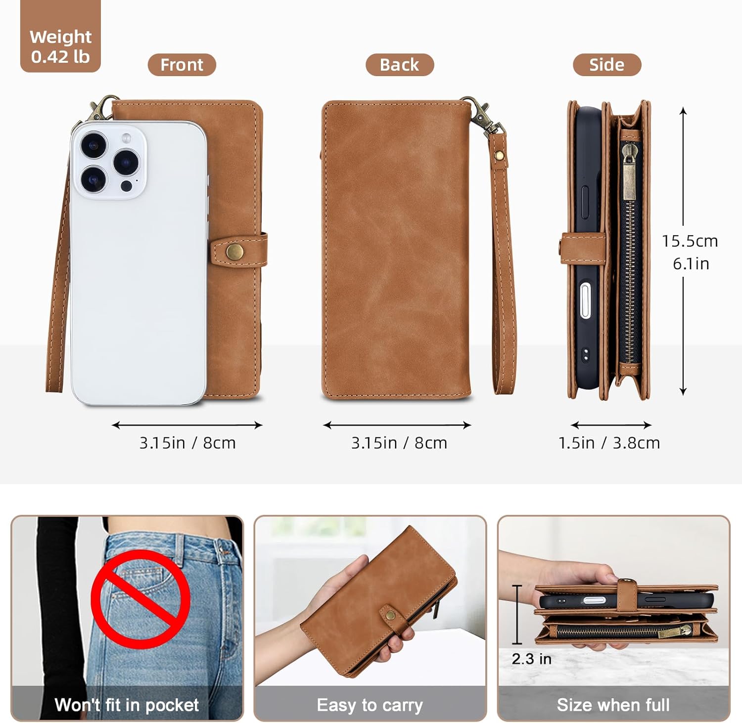 TwoHead Wallet Case Compatible with iPhone 16 Pro,Detachable Magnetic Phone Case,PU Leather All-Round Protective Cover Wallet with Card Holder/Change Pocket,6.3 in,Brown - Image 6