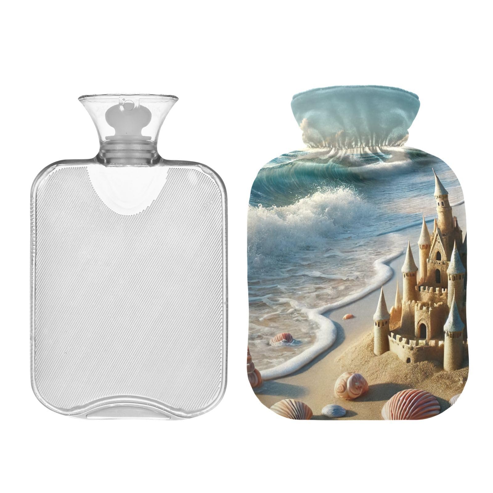 Sea Sandcastle Blue Hot Water Bottle Water Heating Pad Hot Water Bag for Hot and Cold Compress, 1L