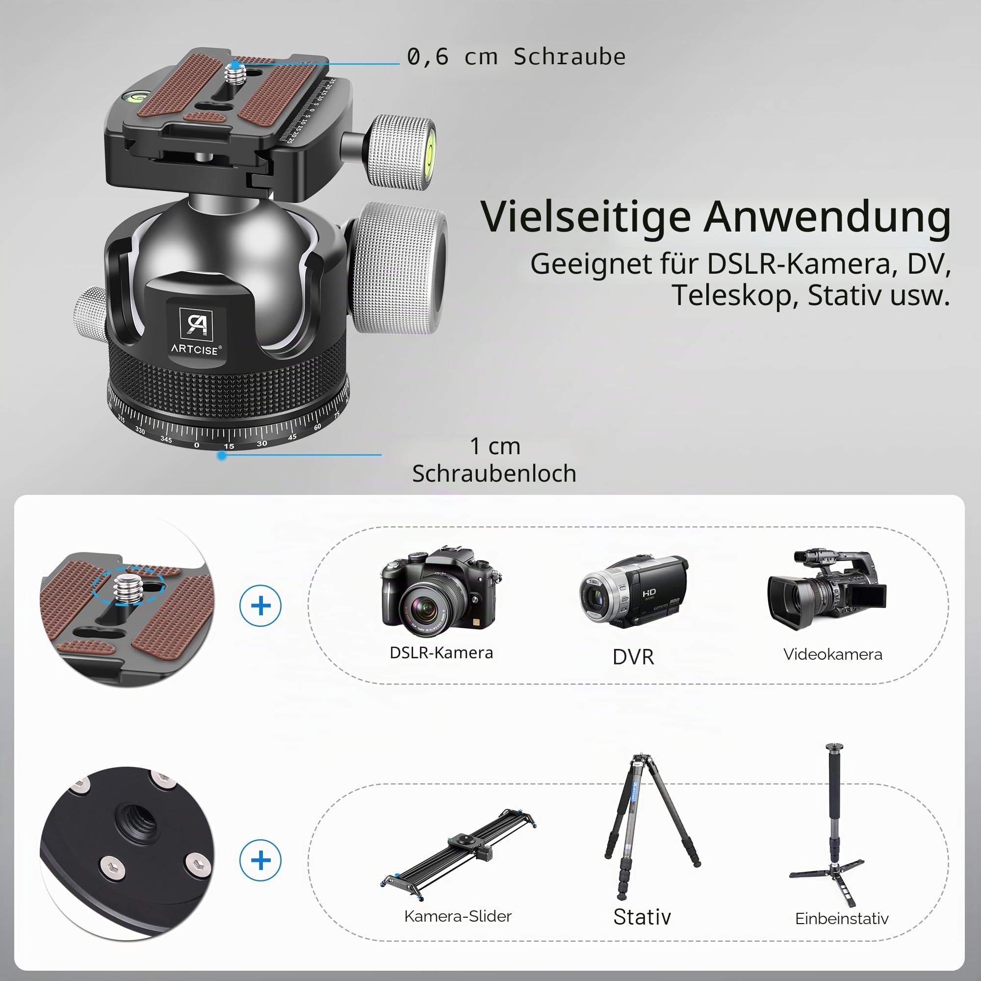 Low Profile Kugelkopf, ARTCISE KB44 Heavy Duty Stativkopf aus Vollmetall mit DREI 1/4" Schnellwechselplatten für Stativ, Einbeinstativ, DSLR, Camcorder, maximale Belastung 30 kg.