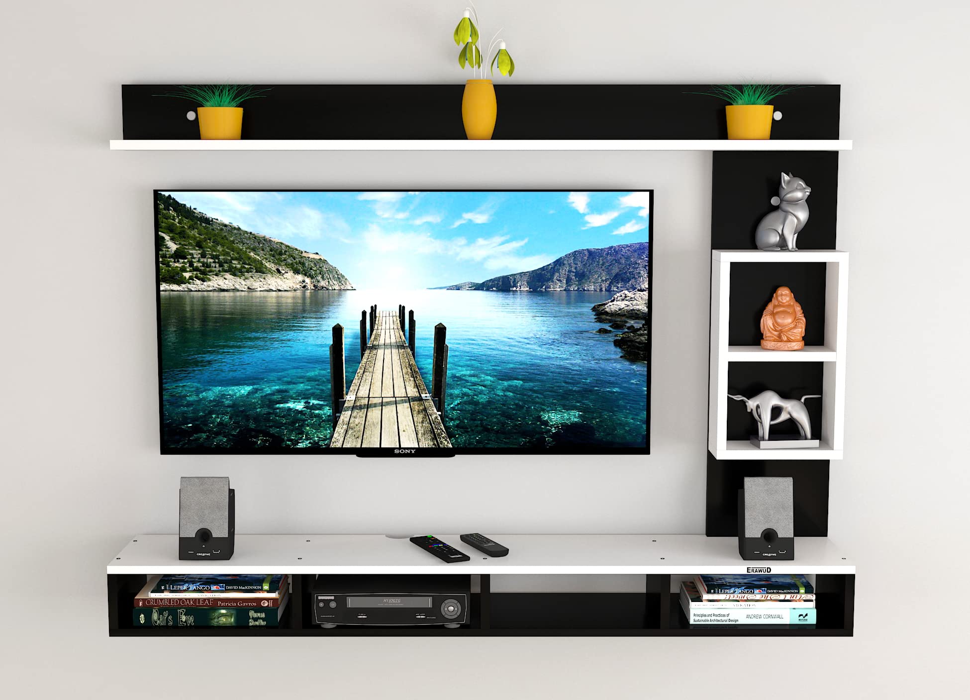 ERAWUD DEWOLT Engineered Wood TV Entertainment Unit, Set Top Box Stand | TV Cabinet for Living Room with Wall Shelf Display Rack, Wall Mounted TV Unit - Ideal for Upto Size 43 - Black & White