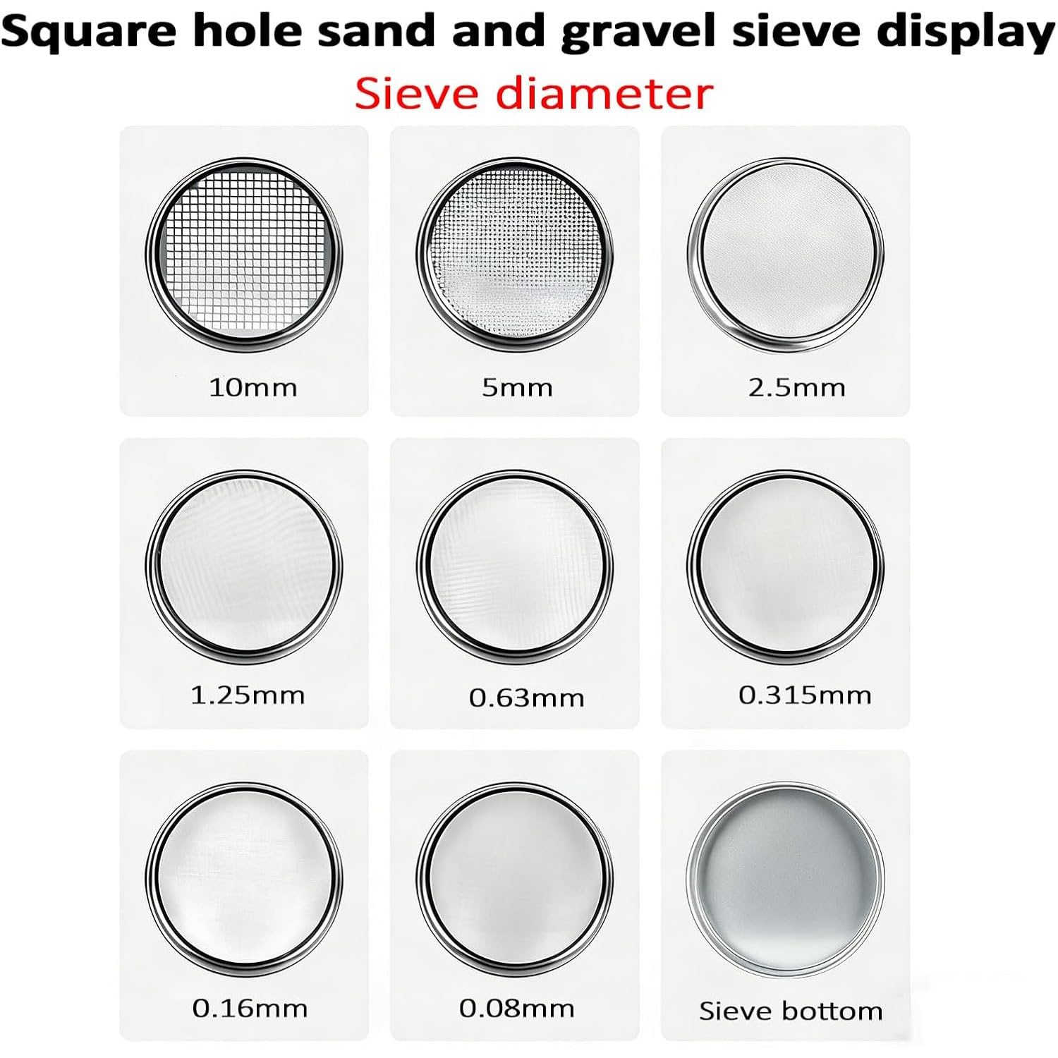 Edelstahl Kiessieb Labor Test Steinsieb mit Abdeckung Quadratische Lochöffnung Ø 30cm für Sand/Kies Fabrik/Labor (0,075-9,5mm)