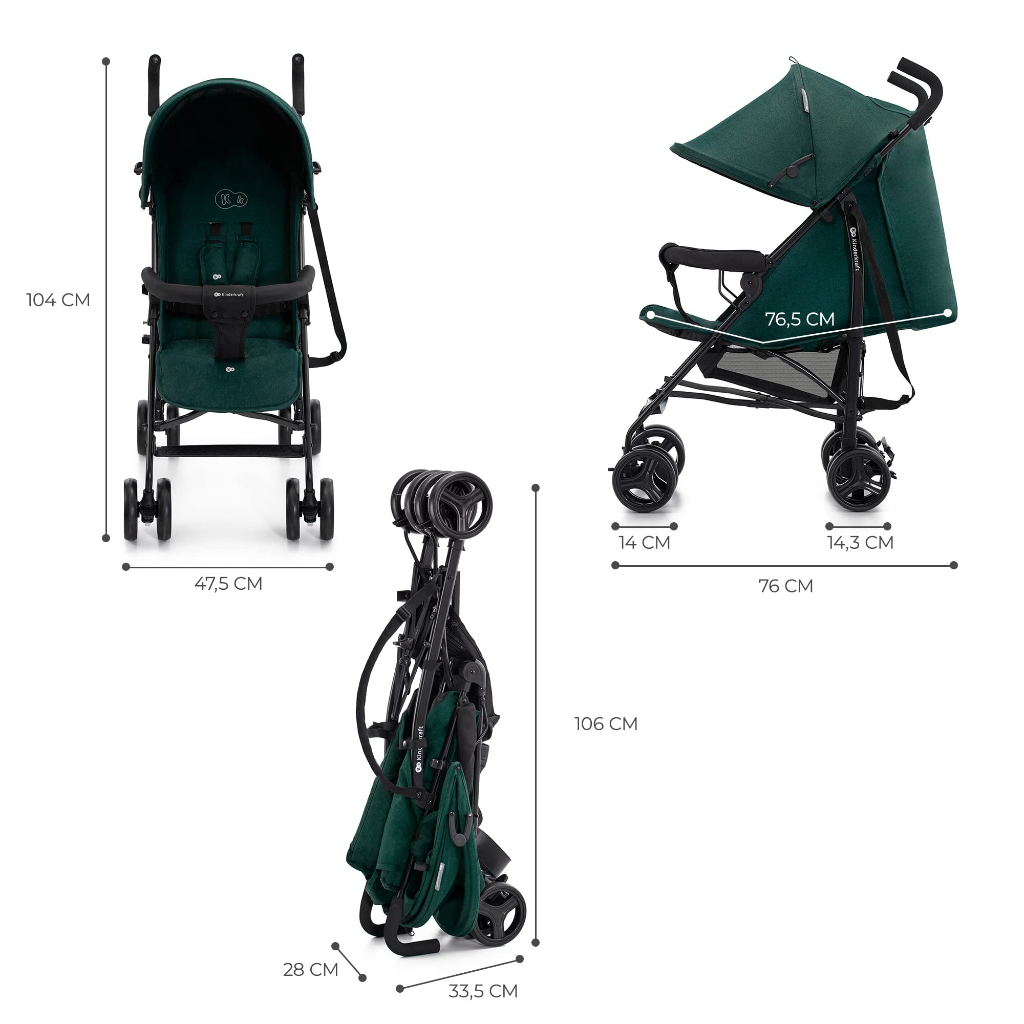 Kinderkraft TIK Silla de Paseo, Carrito para bebé, Posición reclinada y Tumbada, Carro Plegable, Ligero - 6,5kg, Material Impermeable, Verde