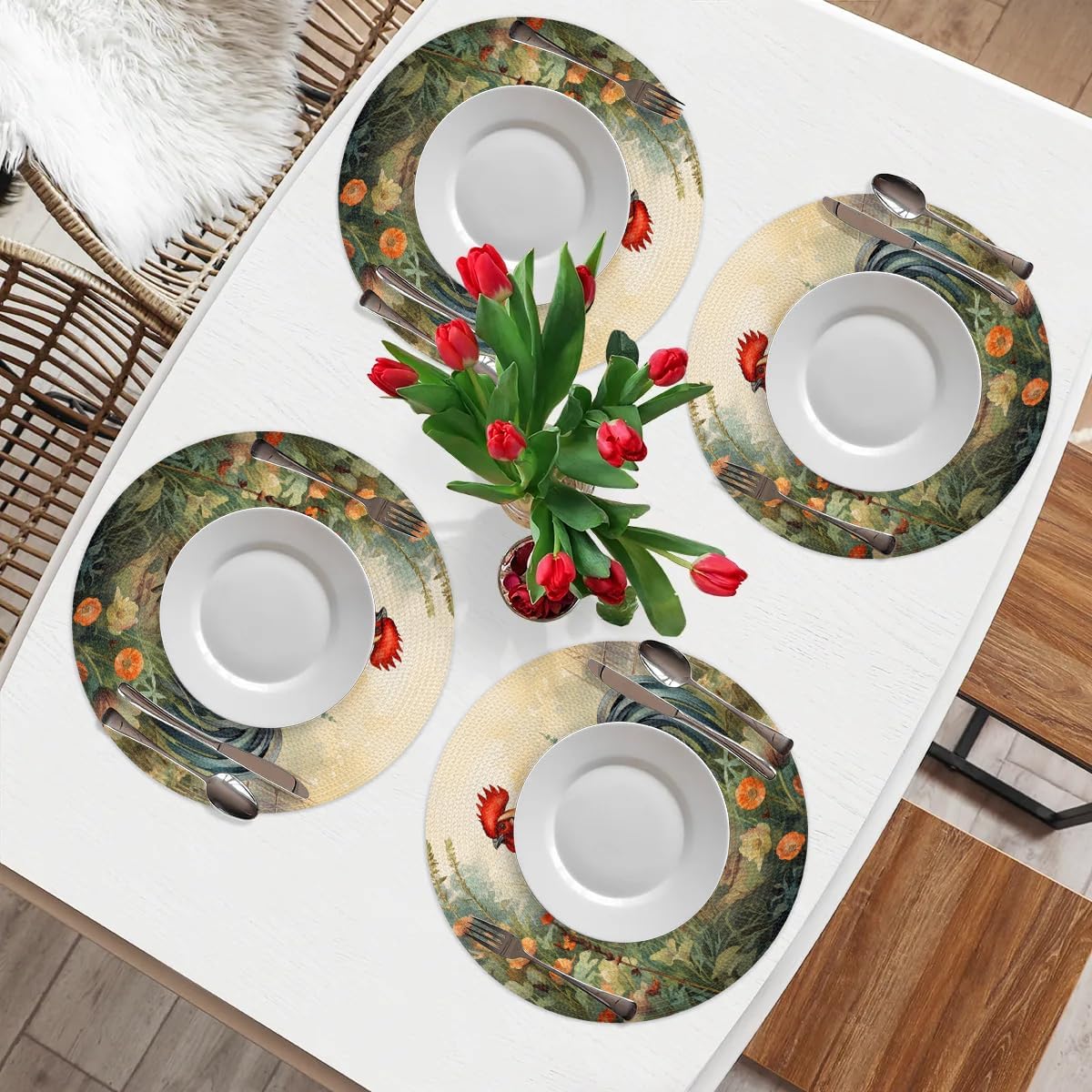 Round Braided Placemats Set of 4 Beautiful Rooster Table Mats for Dining Tables 15 Inch Woven Heat Resistant Place Mats for Kitchen Dining Indoor Outdoor
