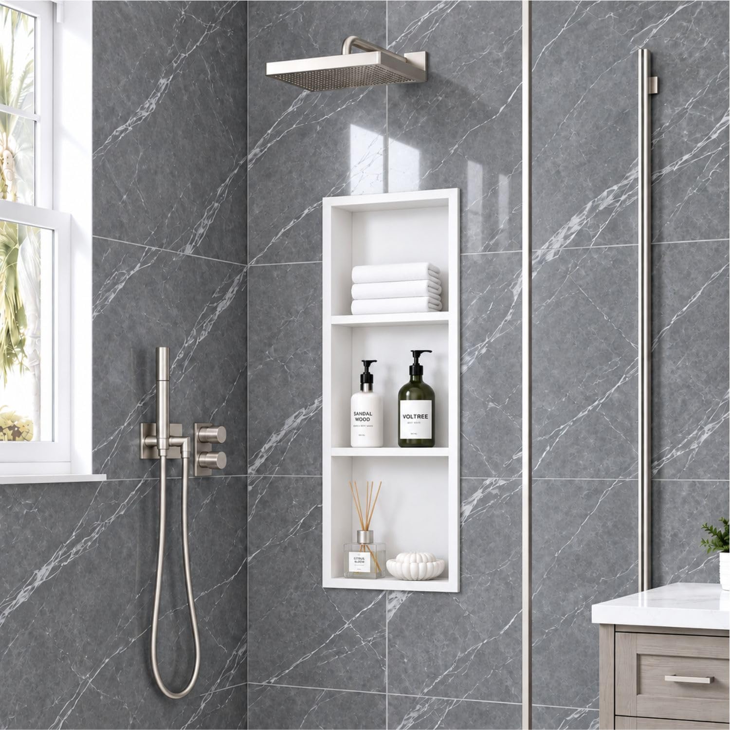 36 x 12 Inch Stainless Steel Shower Niche, No Tile Needed Wall Niche with 3- Tier Shelves, Recessed Wall Niche Insert for Bathroom Shower Kitchen Storage, Matte White