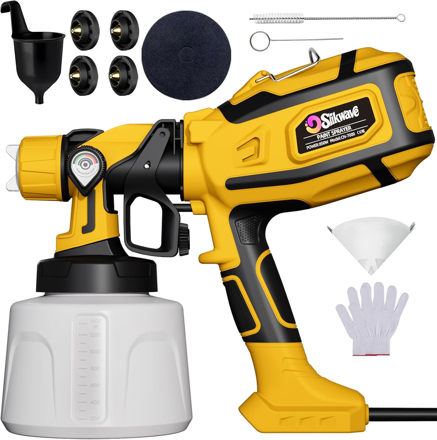 Paint Sprayer, 850W HVLP Spray Gun with 1400ml Detachable Container, Electric Paint Sprayers with 4 Nozzles & 2 Patterns - Portable Spray Guns Perfect for Fences, Sheds, Walls, Garden Yellow