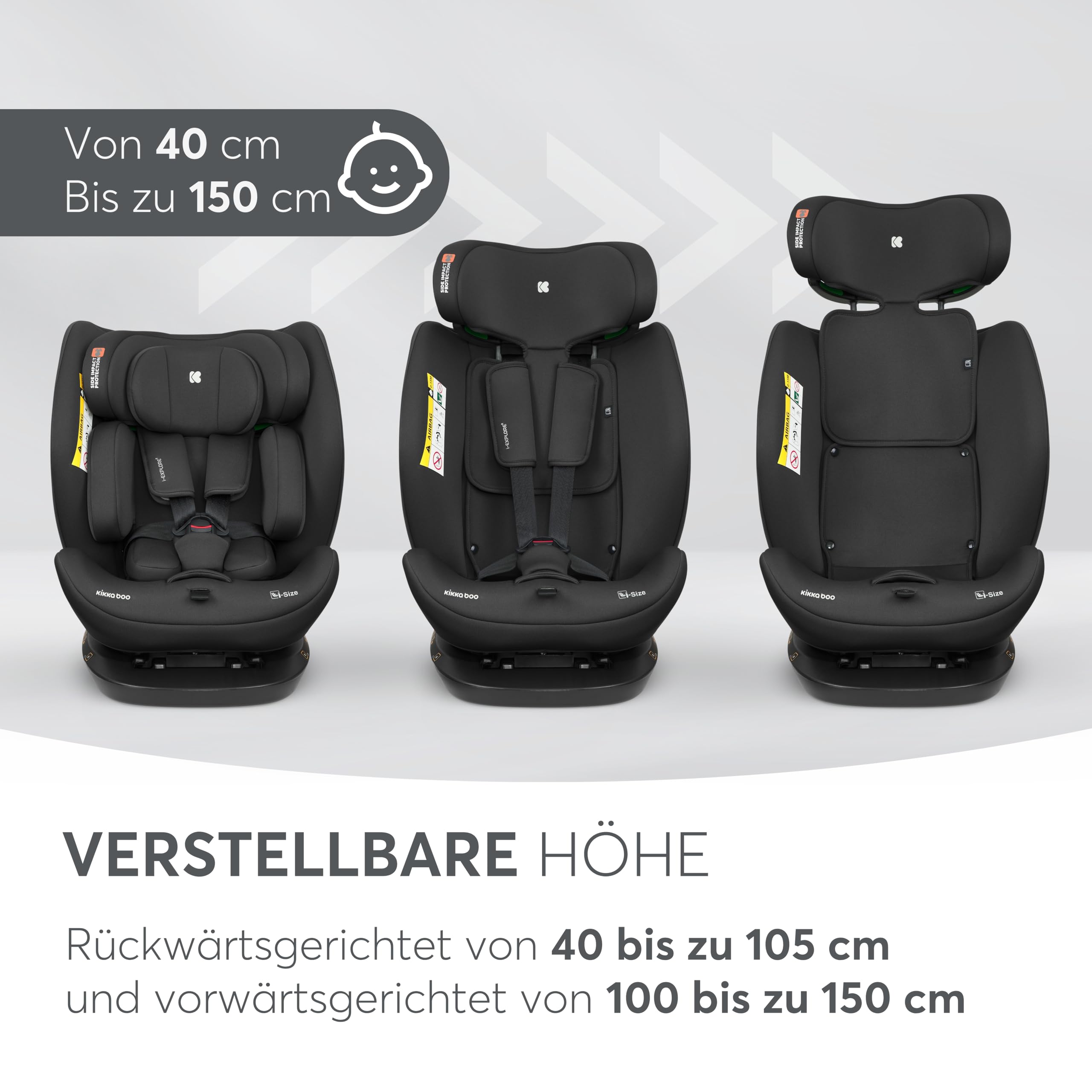 KikkaBoo Kindersitz 9-36 kg i-EXPLORE 2, 40-150 cm, Gruppe 0 1 2 3, i-Size, Rückwärts & Vorwärts, Liegesitz, 14-fach Kopfstütze, 5-Punkt-Gurt, Schwarz